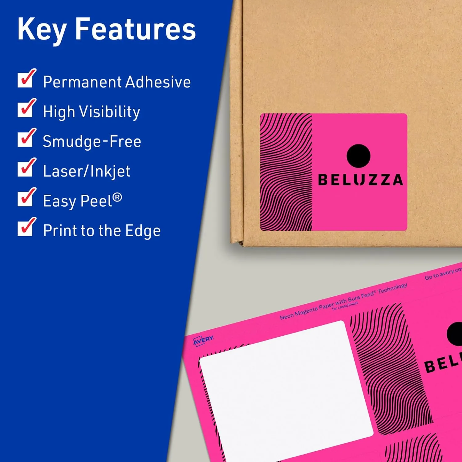 Avery Printable Rectangle Labels, Sure Feed Technology, 3" x 3-3/4", Neon Magenta Labels, Print-to-The-Edge