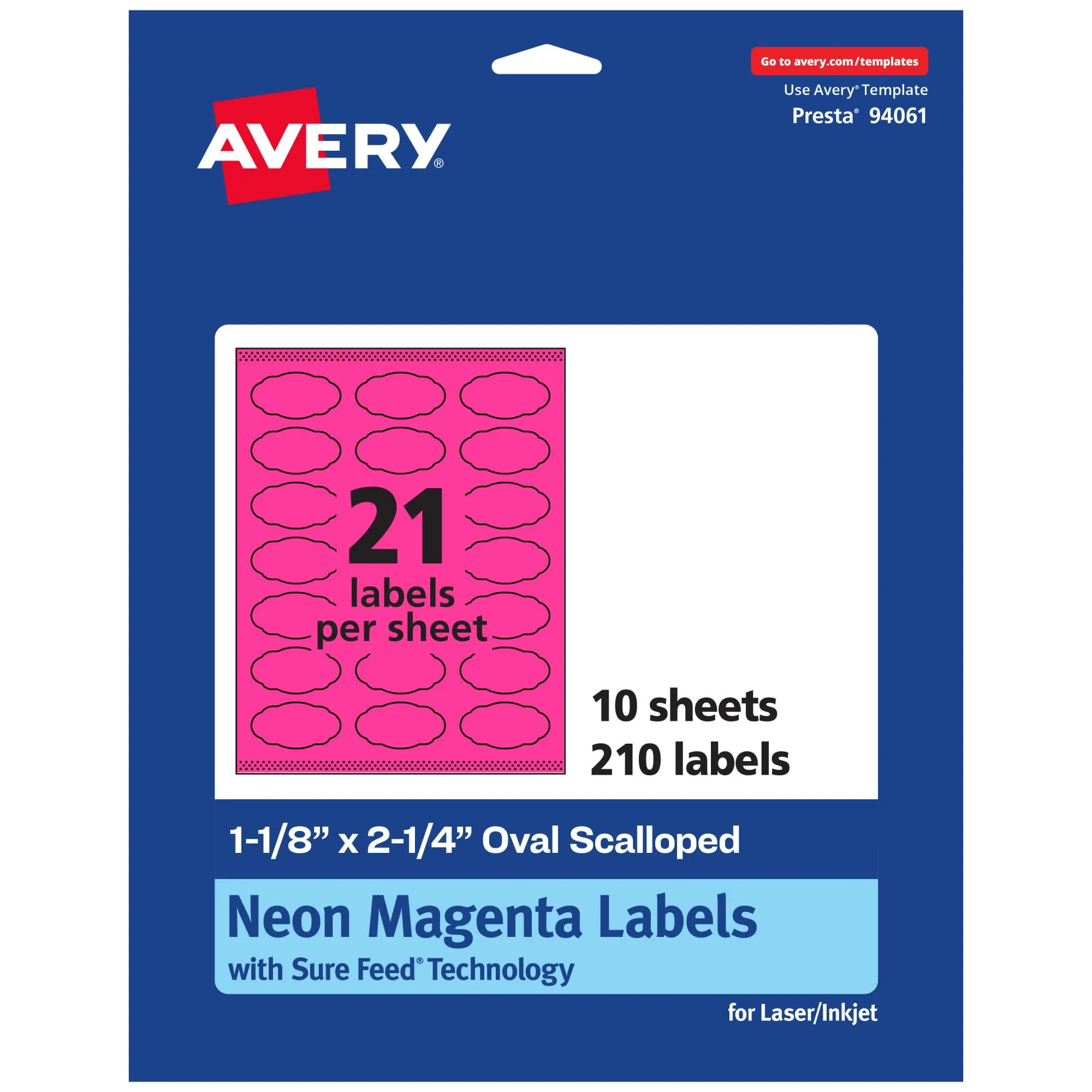 Avery Printable Oval Scalloped Labels, Sure Feed Technology, 1-1/8 in x 2-1/4 in, Neon Magenta, Print-to-the-Edge