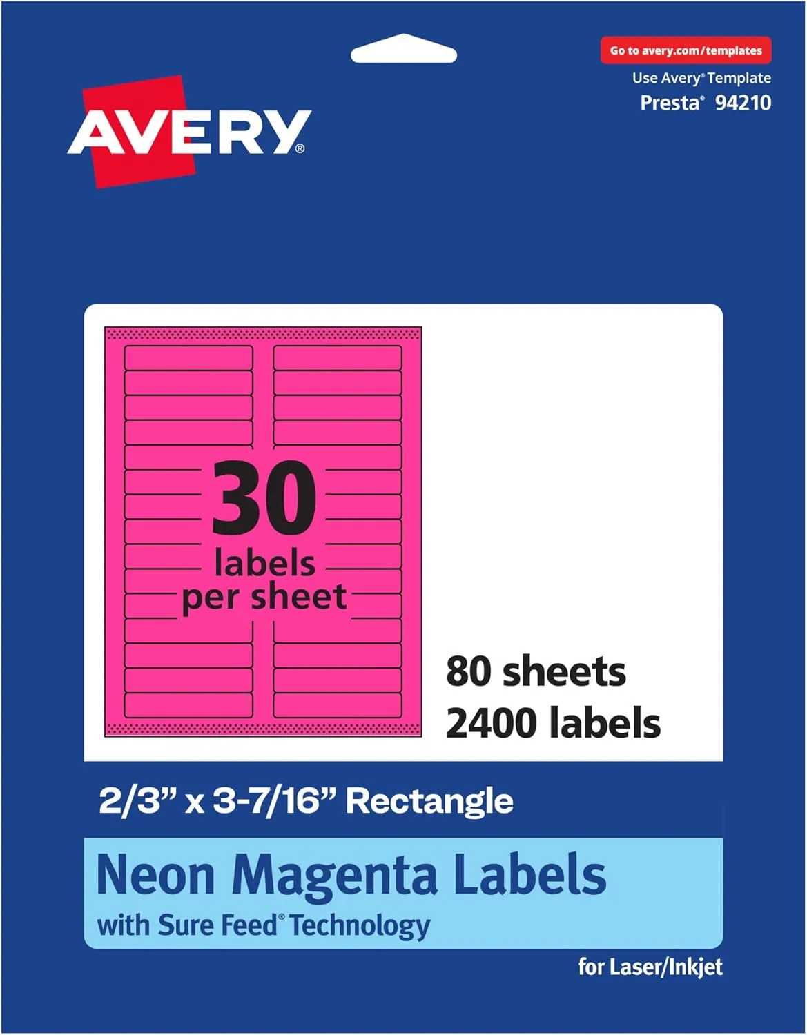 AVERY Printable Rectangle Labels, Sure Feed Technology, 2/3" x 3-7/16", Neon Magenta, Laser/Inkjet Printable