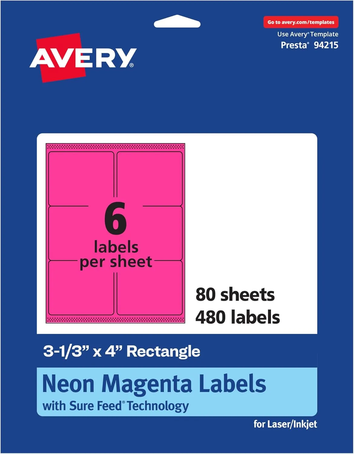 AVERY Printable Rectangle Labels, Sure Feed Technology, 3-1/3" x 4", Neon Magenta