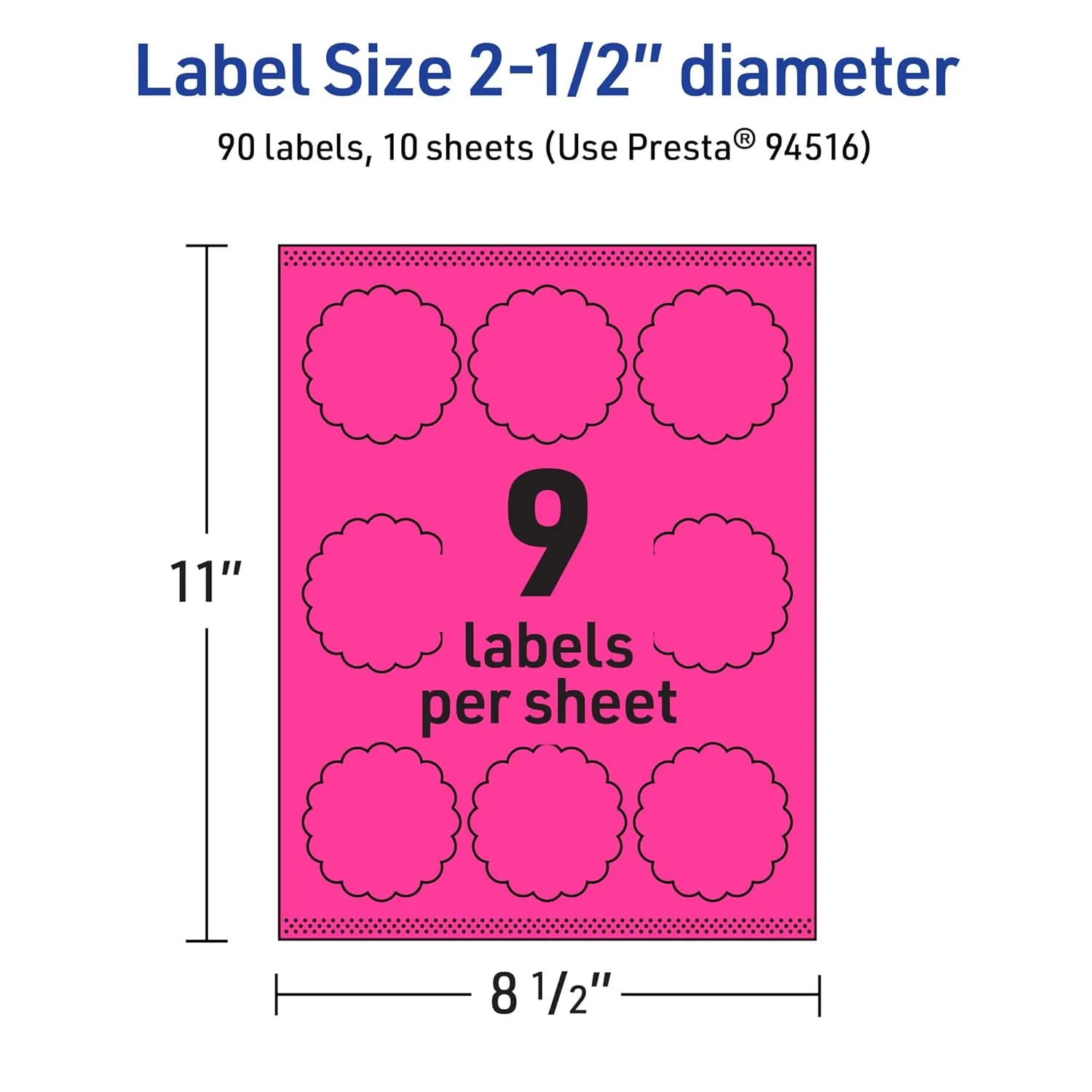 Avery Printable Round Scalloped Labels, Sure Feed Technology, 2-1/2" Diameter, Neon Magenta Labels, Print-to-The-Edge