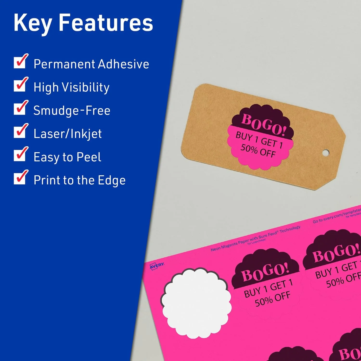 Avery Printable Round Scalloped Labels, Sure Feed Technology, 2-1/2" Diameter, Neon Magenta Labels, Print-to-The-Edge