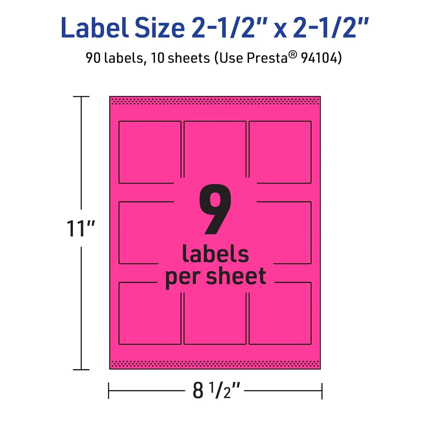 Avery Printable Square Labels, Sure Feed Technology, 2-1/2" x 2-1/2", Neon Magenta Labels, Laser/Inkjet Printable, 90 Total
