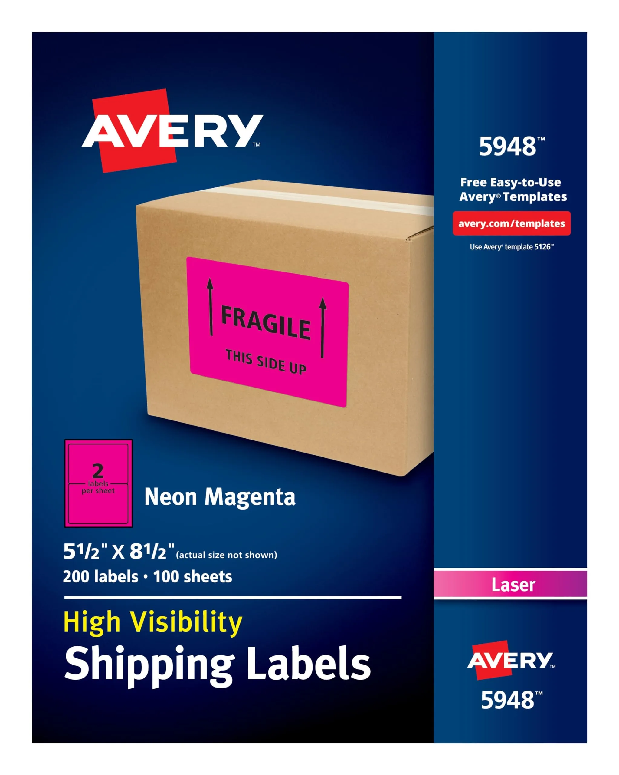 Avery Neon Shipping Labels for Laser Printers, 5-1/2" x 8-1/2", 200 Pink Labels (5948)