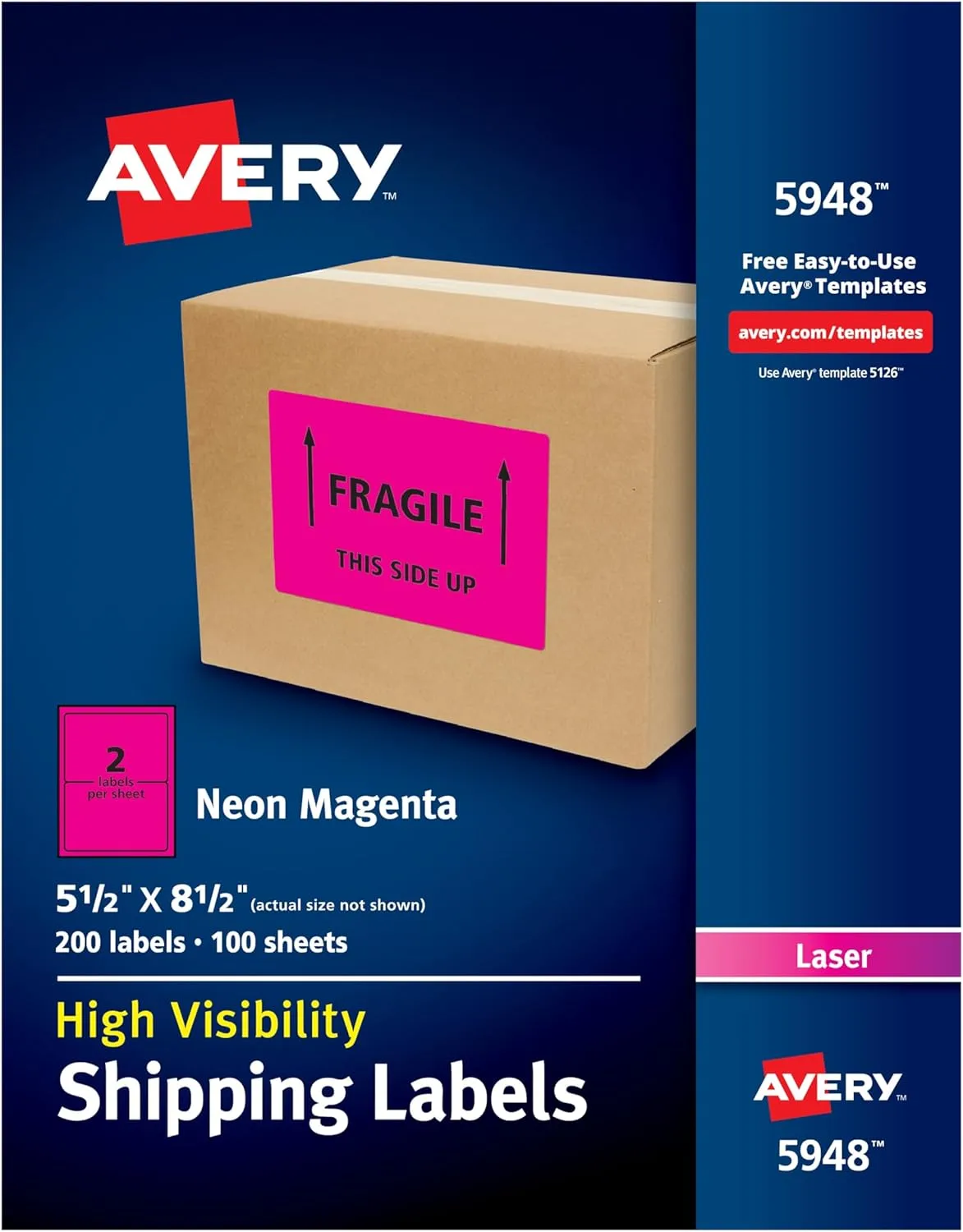 Avery Neon Shipping Labels for Laser Printers, 5-1/2" x 8-1/2", 200 Pink Labels (5948)