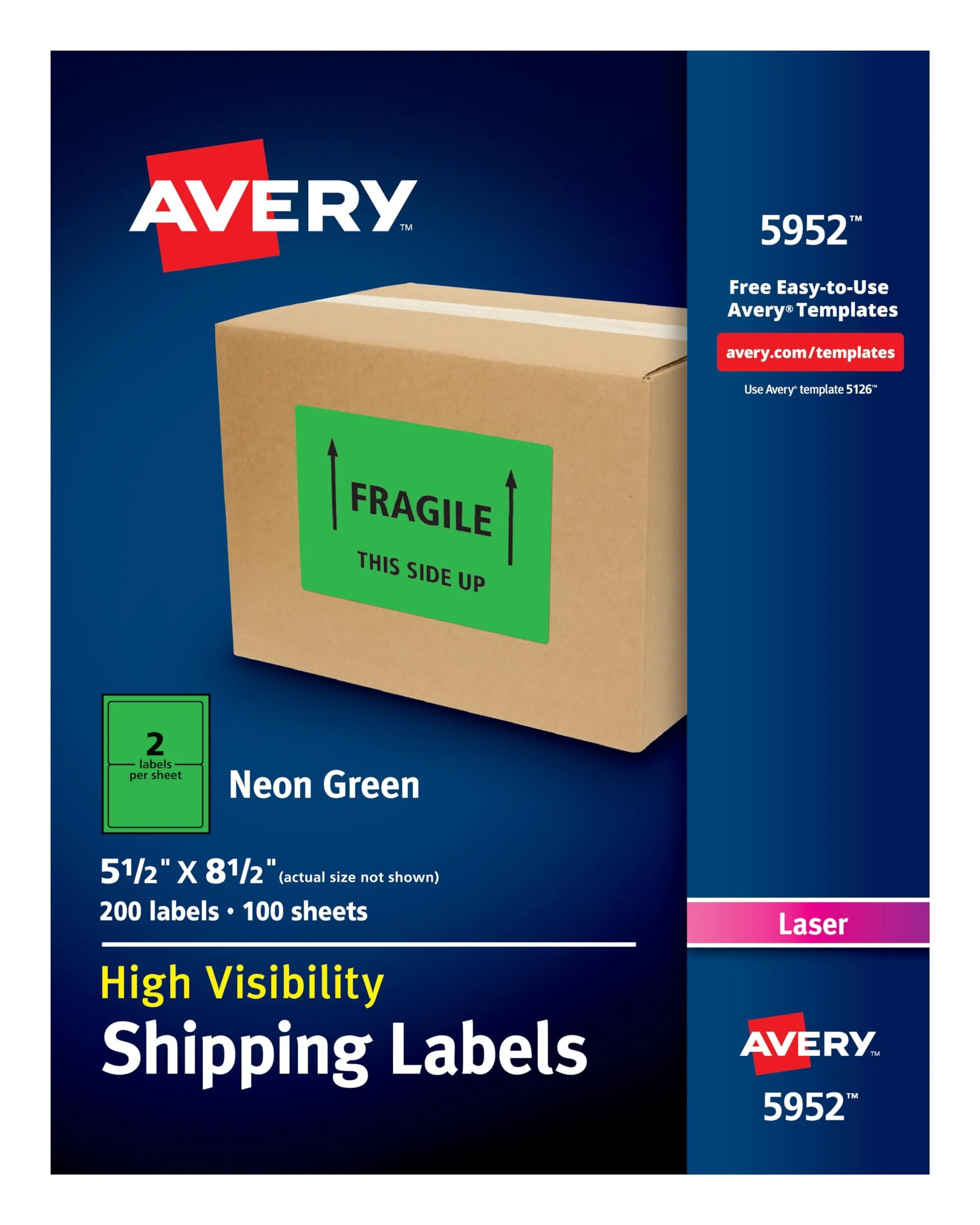 Avery Neon Shipping Labels for Laser Printers, 5-1/2" x 8-1/2", 200 Neon Green (5952)
