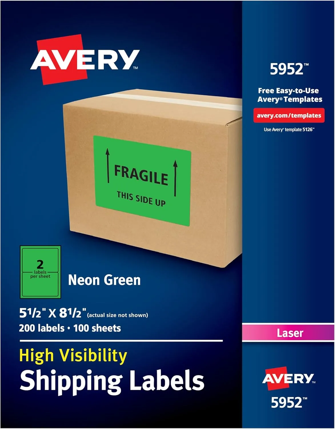 Avery Neon Shipping Labels for Laser Printers, 5-1/2" x 8-1/2", 200 Neon Green (5952)