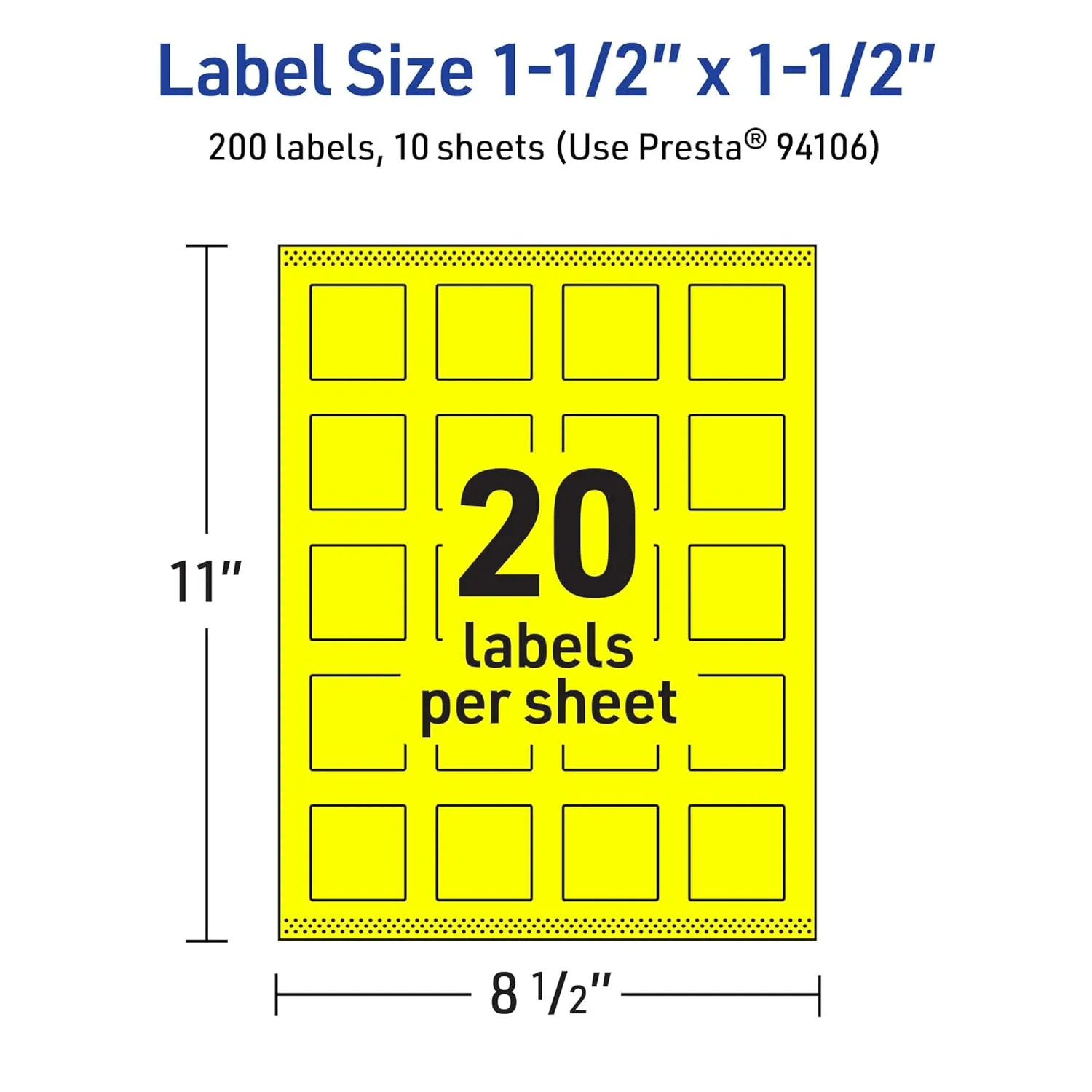 Avery Printable Square Labels, Sure Feed Technology, 1-1/2" x 1-1/2", Neon Yellow Labels, Print-to-The-Edge