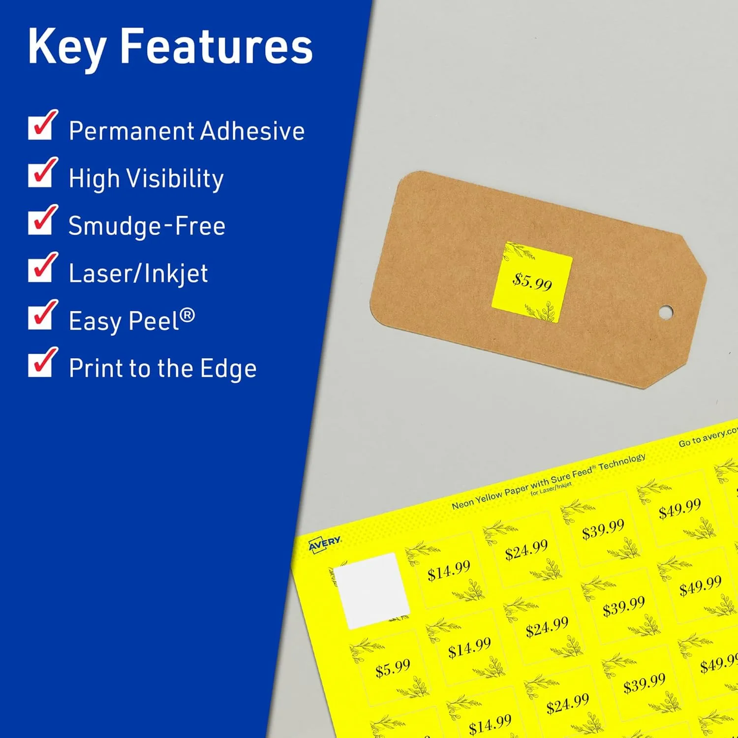 Avery Printable Square Labels, Sure Feed Technology, 1-1/2" x 1-1/2", Neon Yellow Labels, Print-to-The-Edge