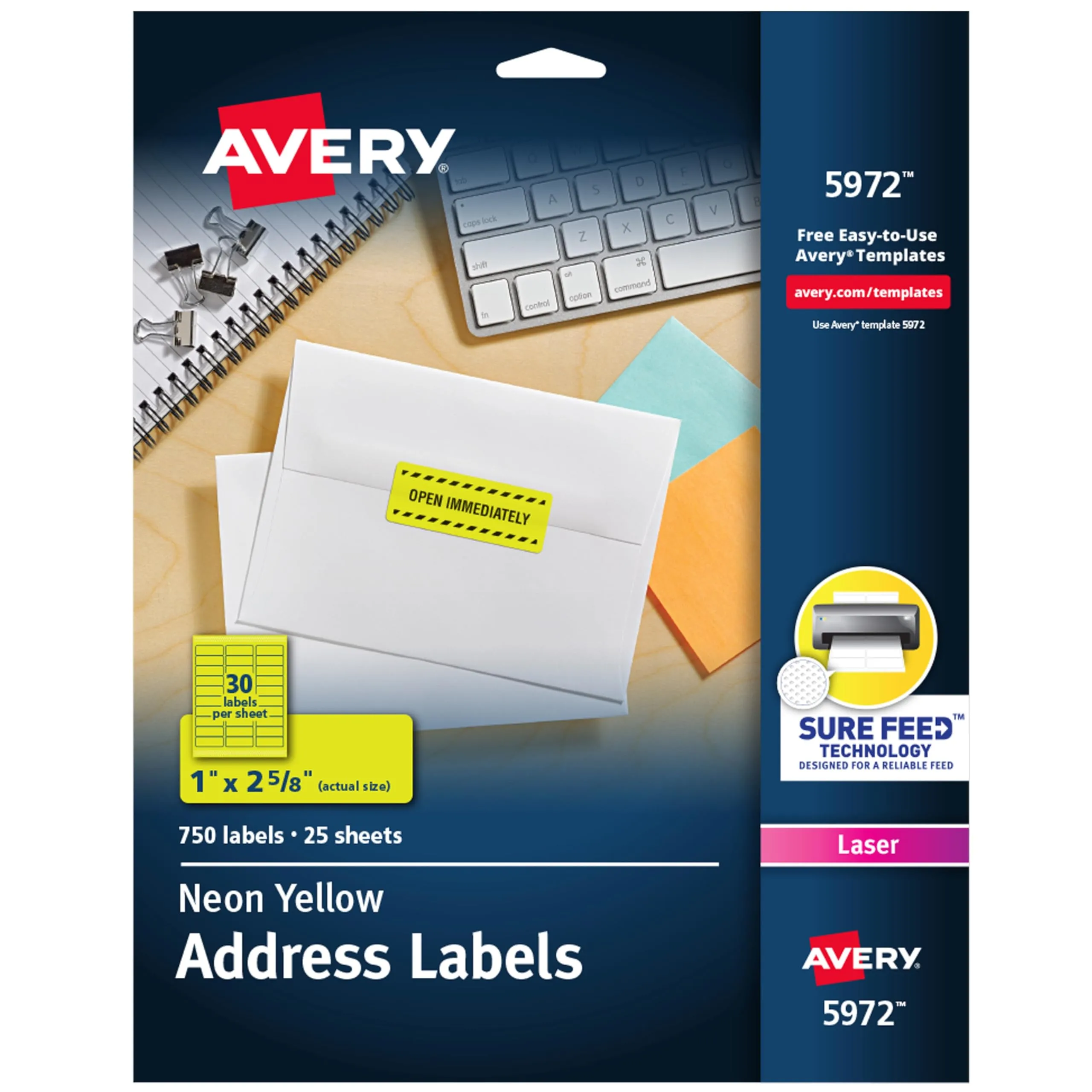 Avery Printable Address Labels with Sure Feed, 1" x 2-5/8", Neon Yellow, 750 Blank Mailing Labels (5972)