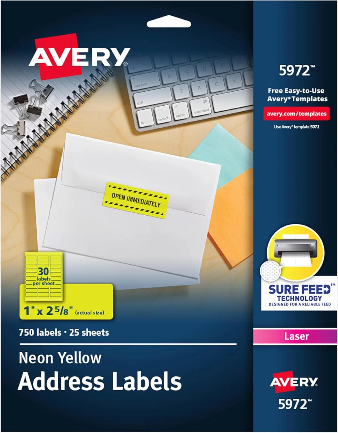 Avery Printable Address Labels with Sure Feed, 1" x 2-5/8", Neon Yellow, 750 Blank Mailing Labels (5972)