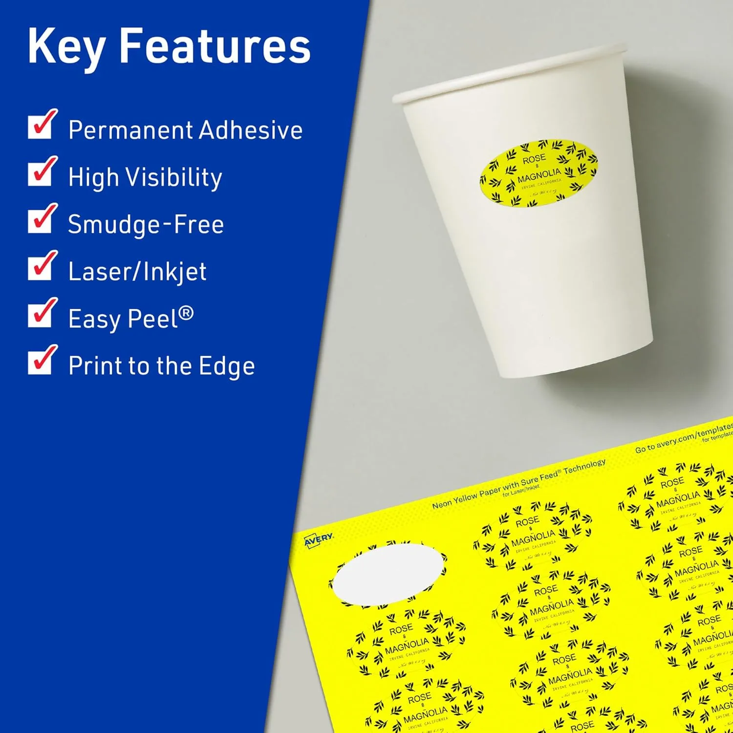 Avery Printable Oval Labels, Sure Feed Technology, 1-1/8" x 2-1/4", Neon Yellow Labels, Print-to-The-Edge