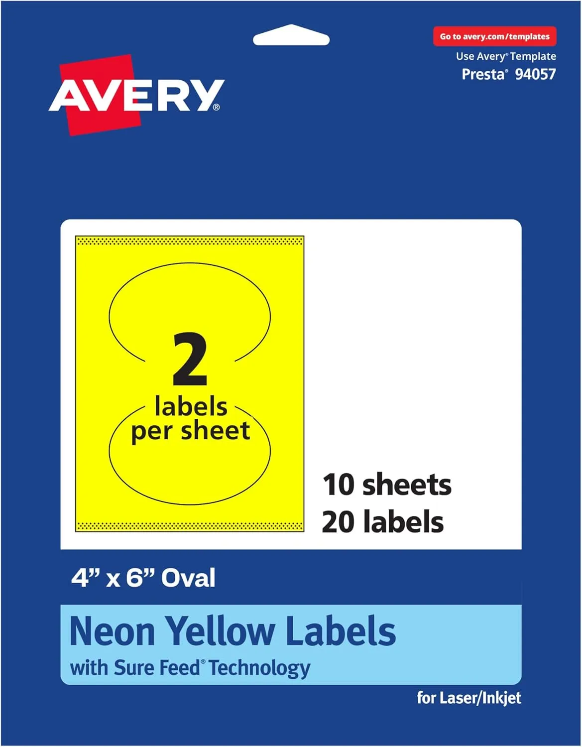 Avery Printable Oval Labels, Sure Feed Technology, 4" x 6", Neon Yellow Labels, Print-to-The-Edge, Laser/Inkjet Printable