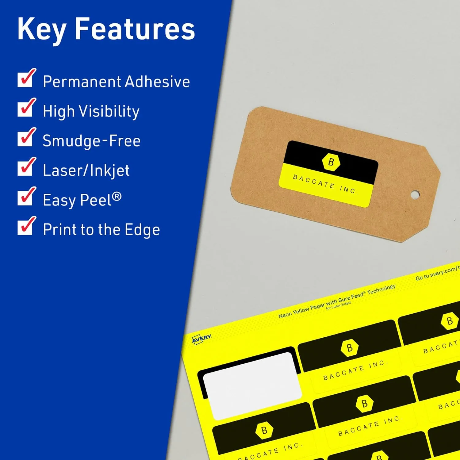 Avery Printable Rectangle Labels, Sure Feed Technology, 1" x 2-5/8", Neon Yellow, Print-to-The-Edge, Laser/Inkjet Compatible