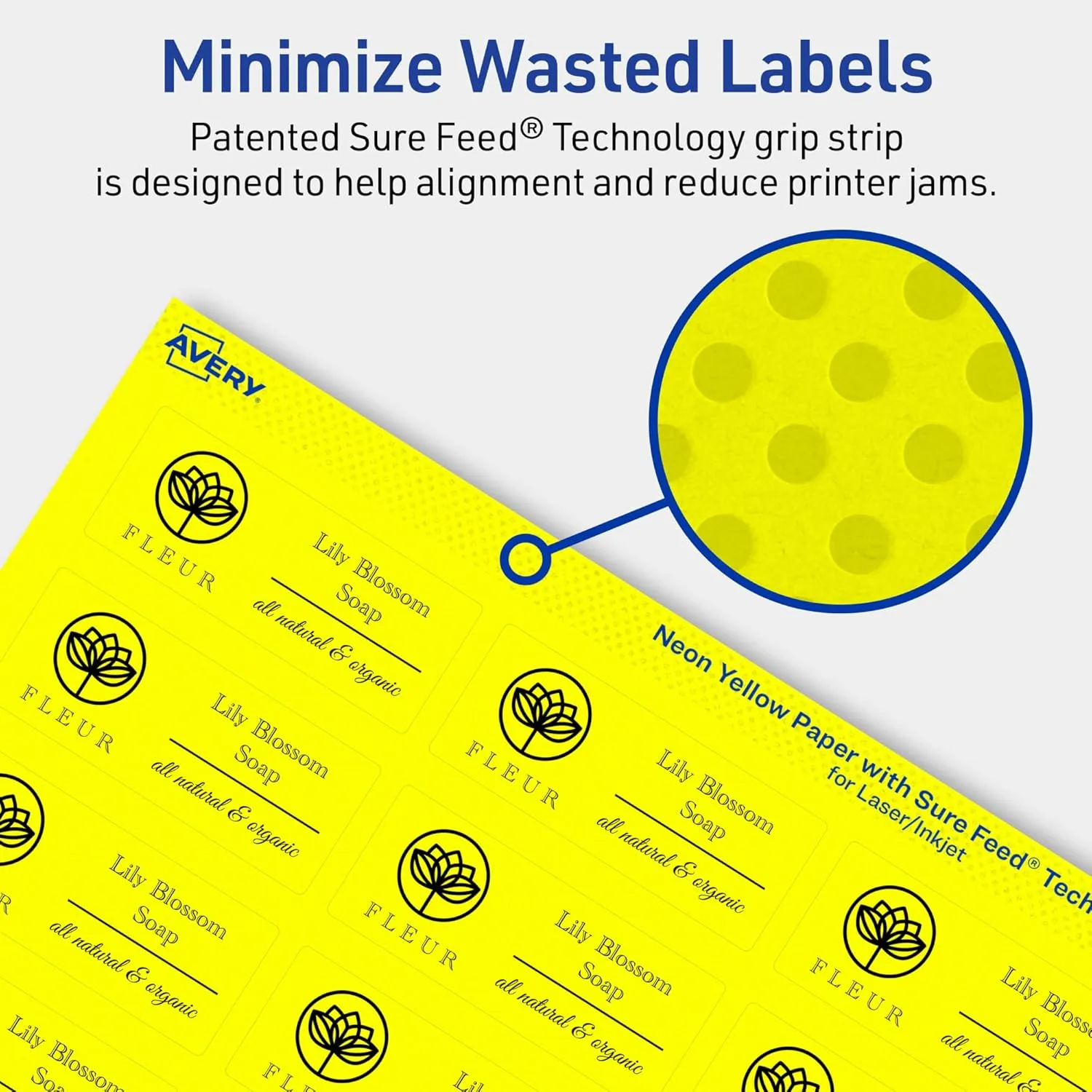 Avery Printable Labels With Sure Feed Technology, 94221-NYP10, Rectangle, 1in x 2-1/2in, Matte Neon Yellow, Pack of 240