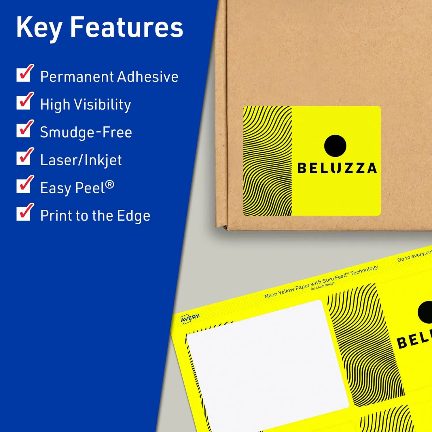 Avery Printable Rectangle Labels, Sure Feed Technology, 3" x 3.75", Neon Yellow Labels, Print-to-The-Edge