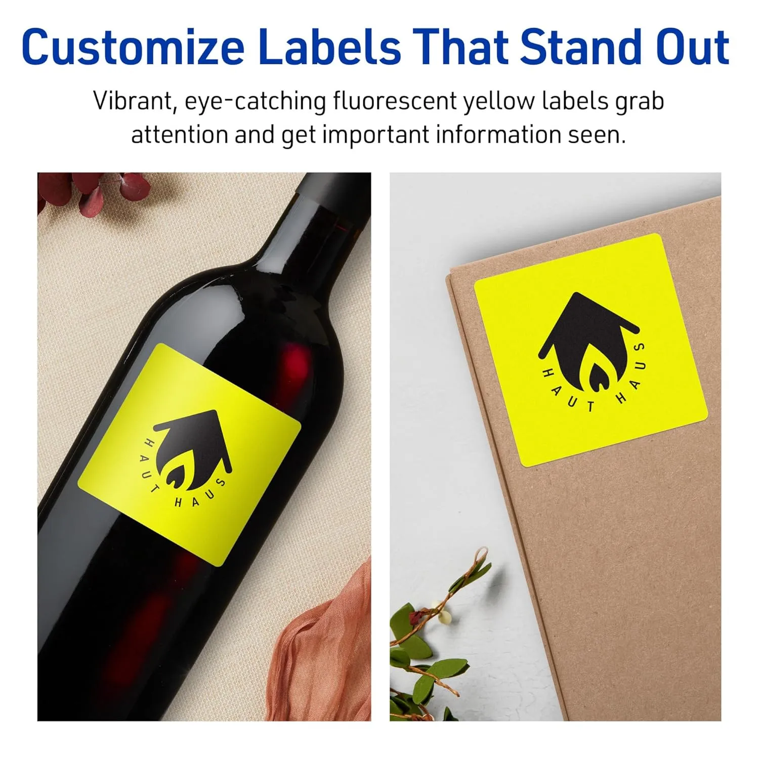 Avery Printable Square Labels, Sure Feed Technology, 2-3/4" x 2-3/4", Neon Yellow, Print-to-The-Edge, Laser/Inkjet
