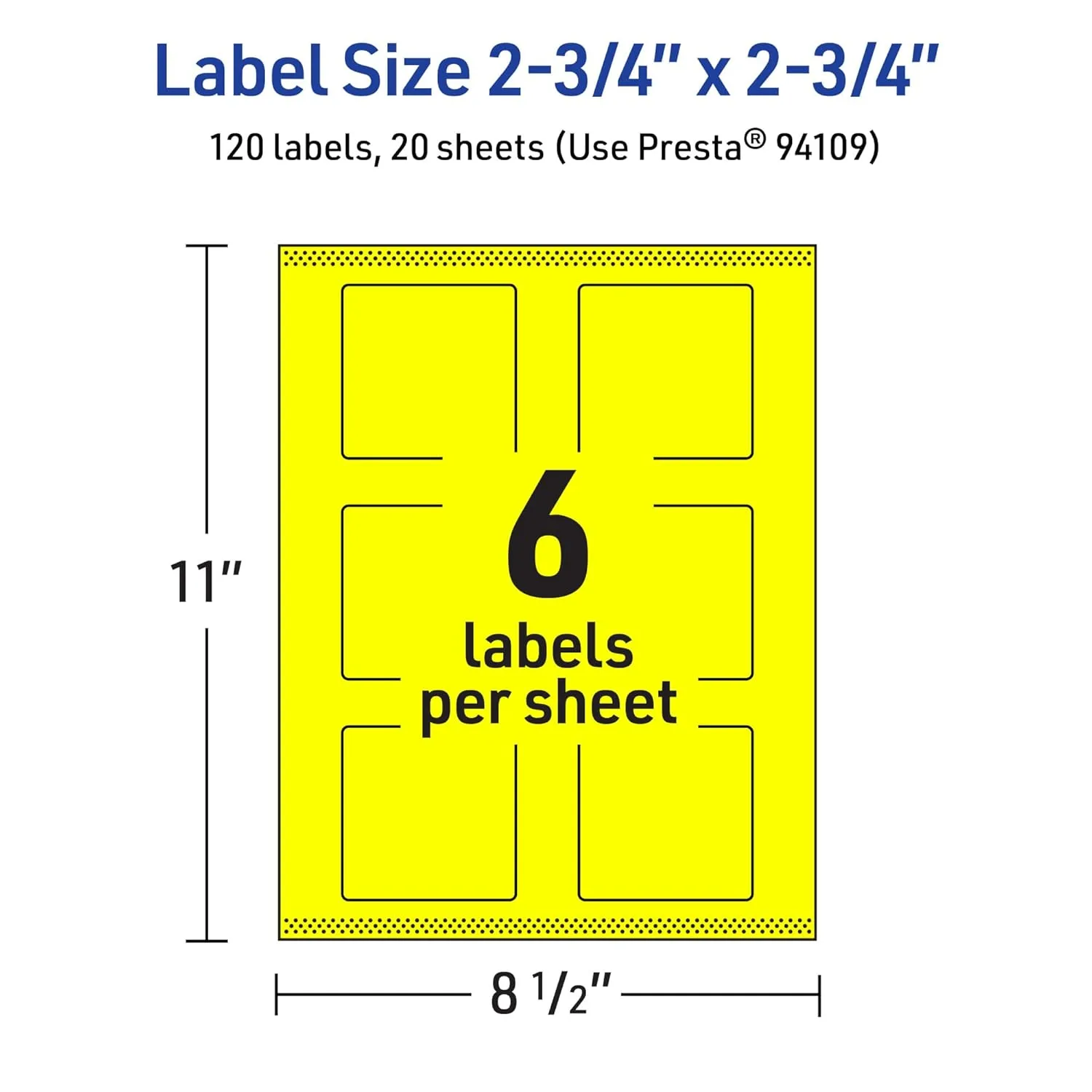 Avery Printable Square Labels, Sure Feed Technology, 2-3/4" x 2-3/4", Neon Yellow, Print-to-The-Edge, Laser/Inkjet