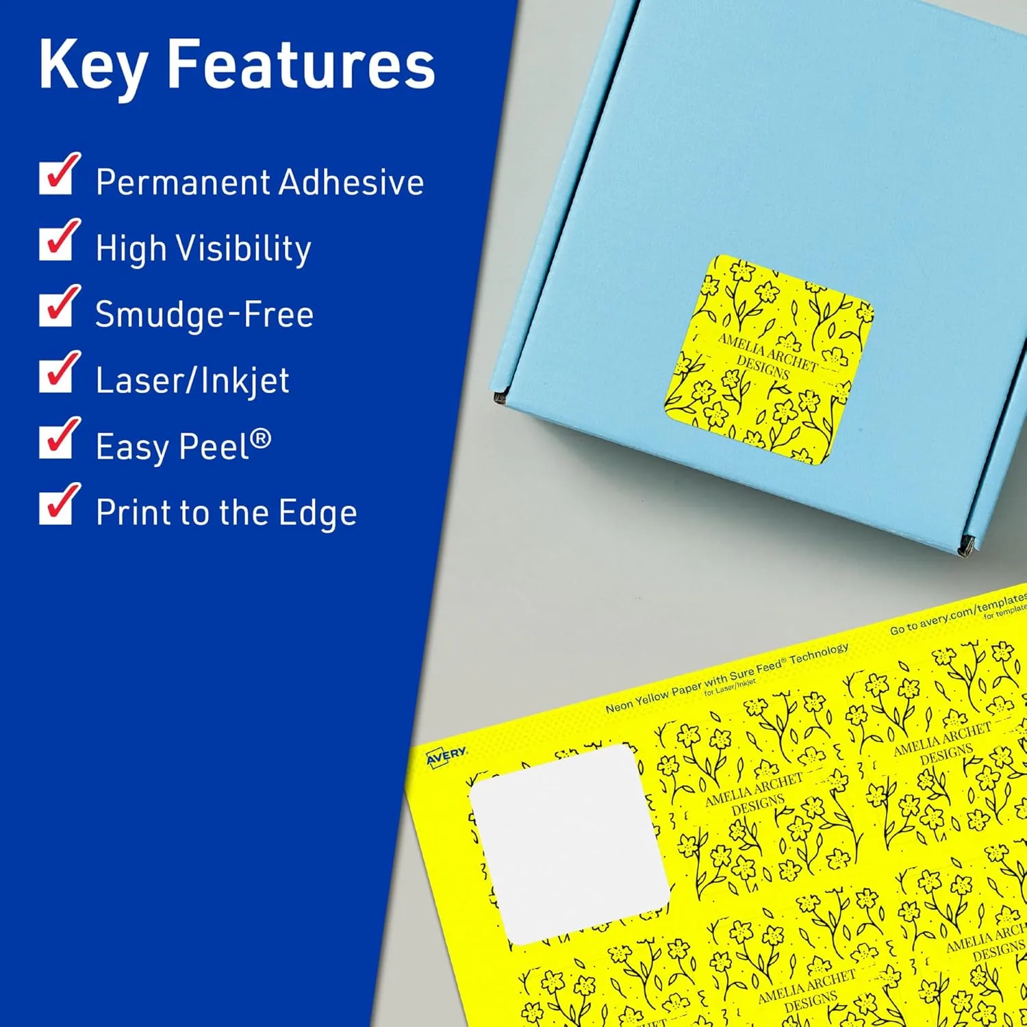 Avery Printable Square Labels, Sure Feed Technology, 2-1/8" x 2-1/8", Neon Yellow Labels, Print-to-The-Edge