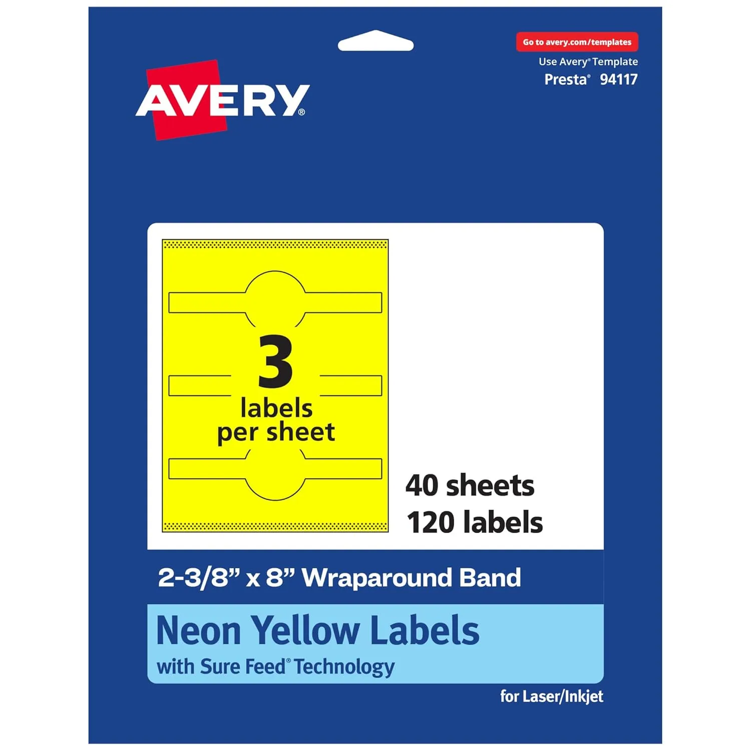 Avery Printable Wraparound Band Labels, Sure Feed Technology, 2-3/8" x 8", Neon Yellow