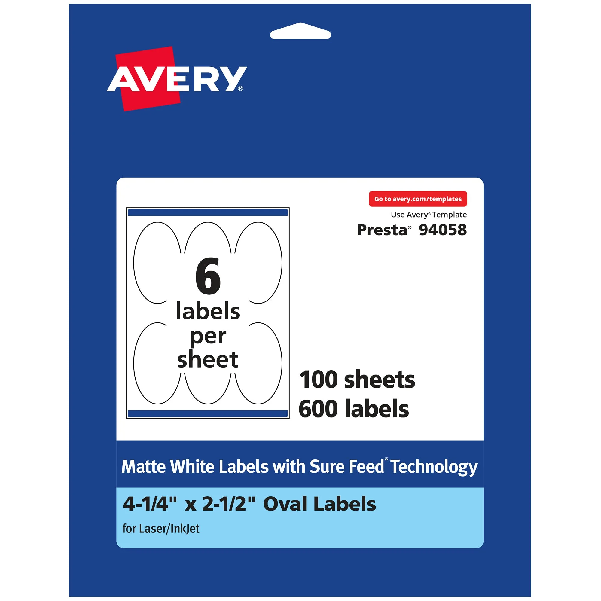 Avery Matte White Oval Printable Labels, Sure Feed Technology, 4.25 x 2.5, Permanent Adhesive