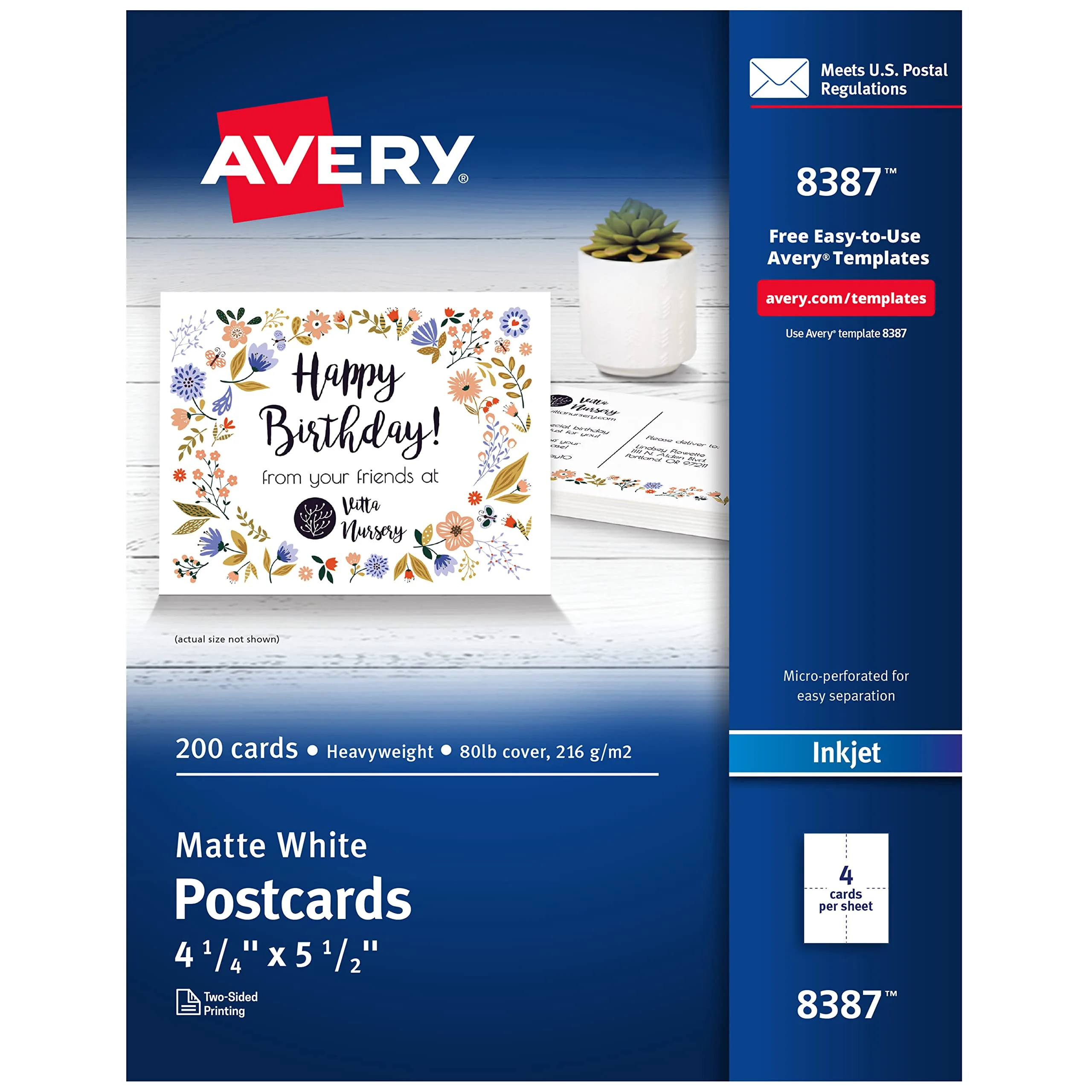 Avery Printable Postcards, 4.25" x 5.5", Matte White, 200 Blank Postcards (8387)