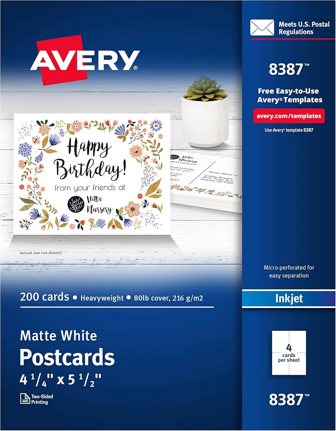 Avery Printable Postcards, 4.25" x 5.5", Matte White, 200 Blank Postcards (8387)