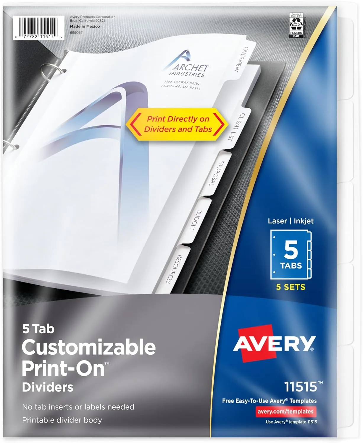 Avery Customizable Print-On Dividers for 3 Ring Binders, 5-Tab Set, 5 Sets (11515)
