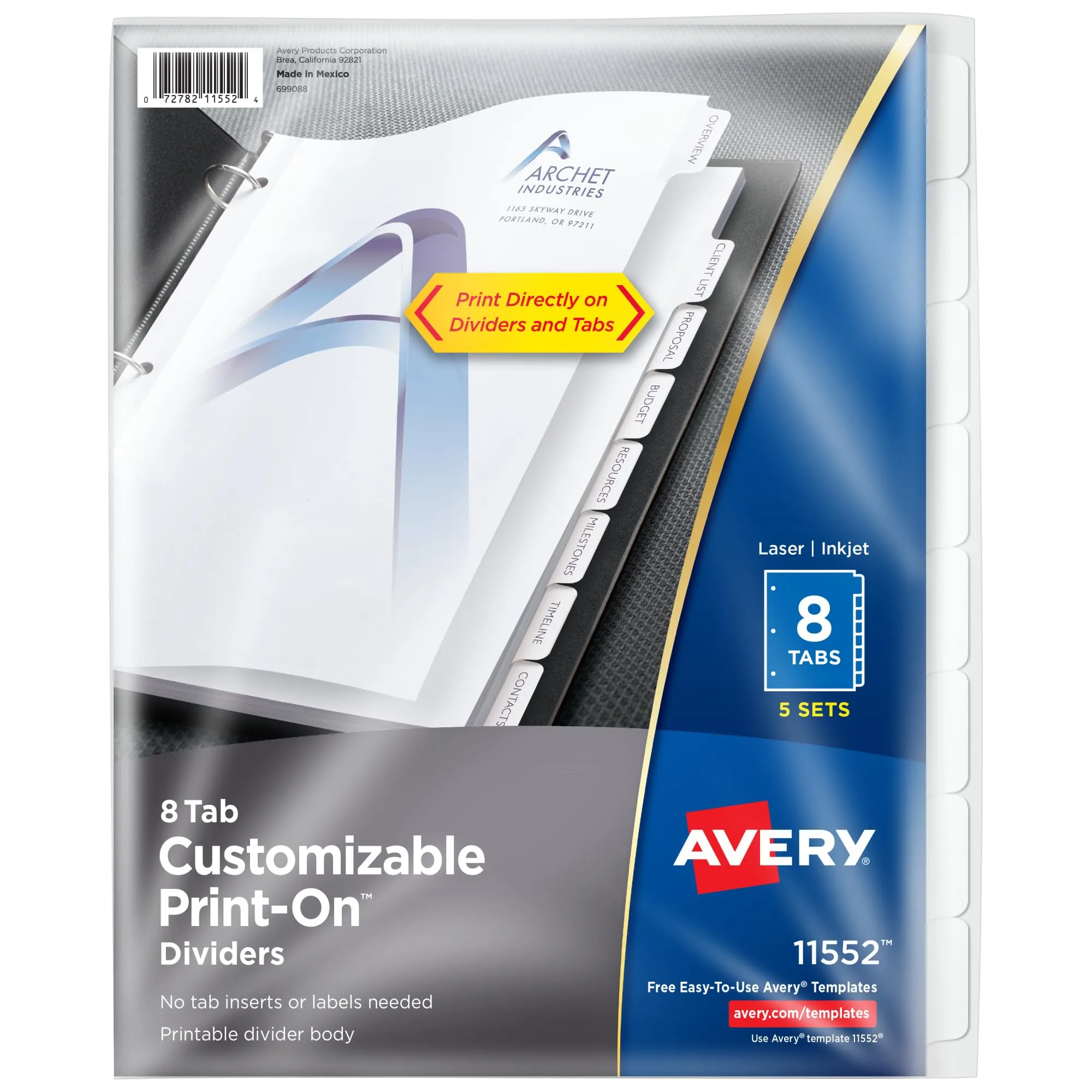 Avery Customizable Print-On Dividers, 8 1/2 in x 11 in, 8-Tab, White, 5 Sets (11552)