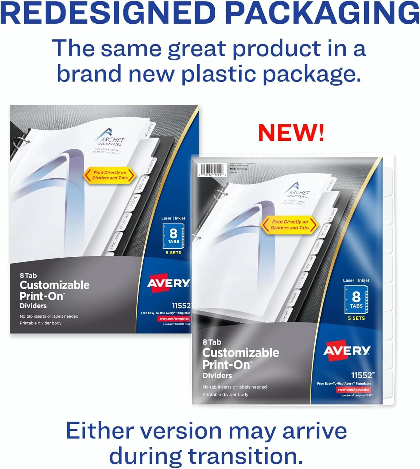 Avery Customizable Print-On Dividers, 8 1/2 in x 11 in, 8-Tab, White, 5 Sets (11552)