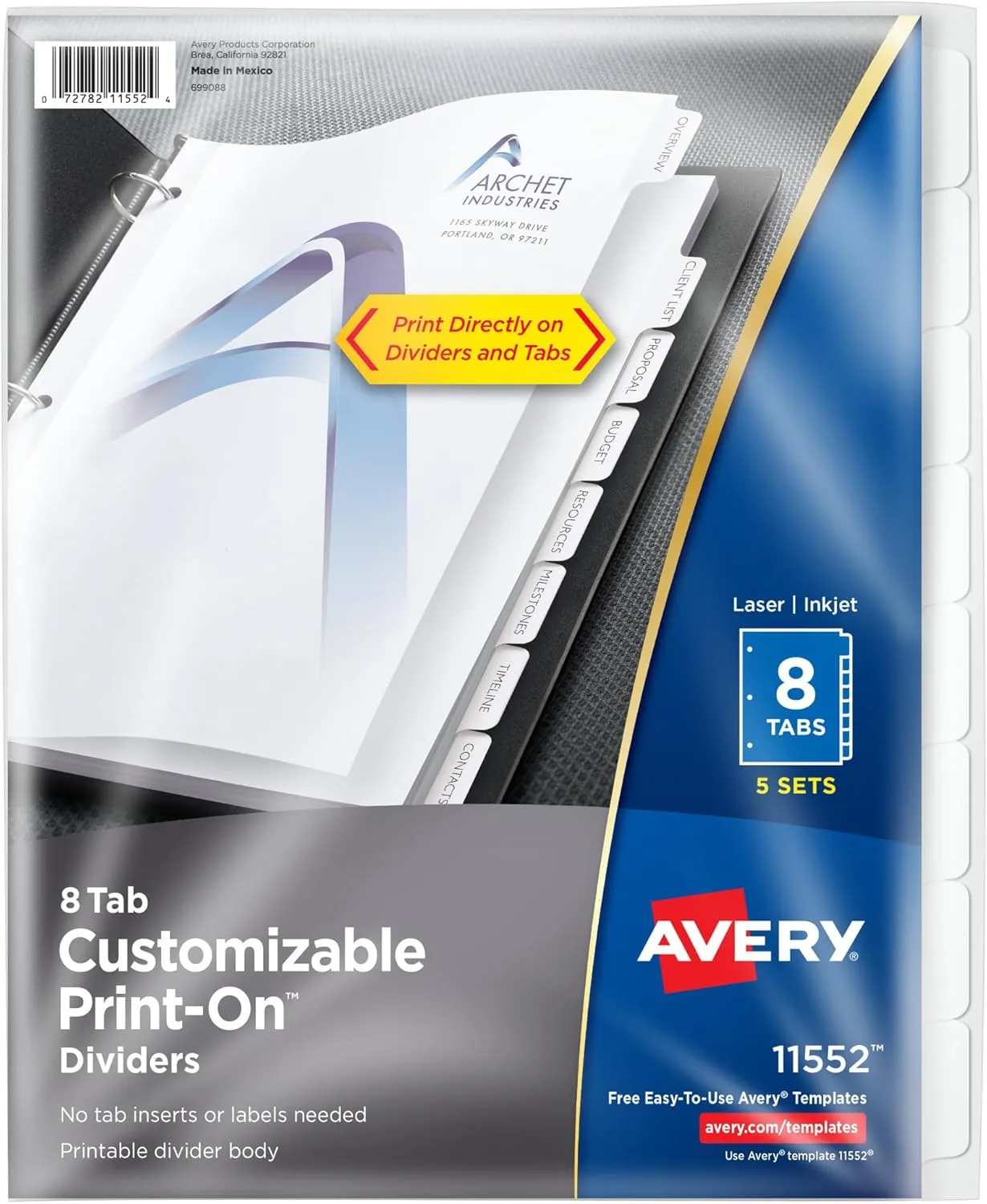 Avery Customizable Print-On Dividers, 8 1/2 in x 11 in, 8-Tab, White, 5 Sets (11552)