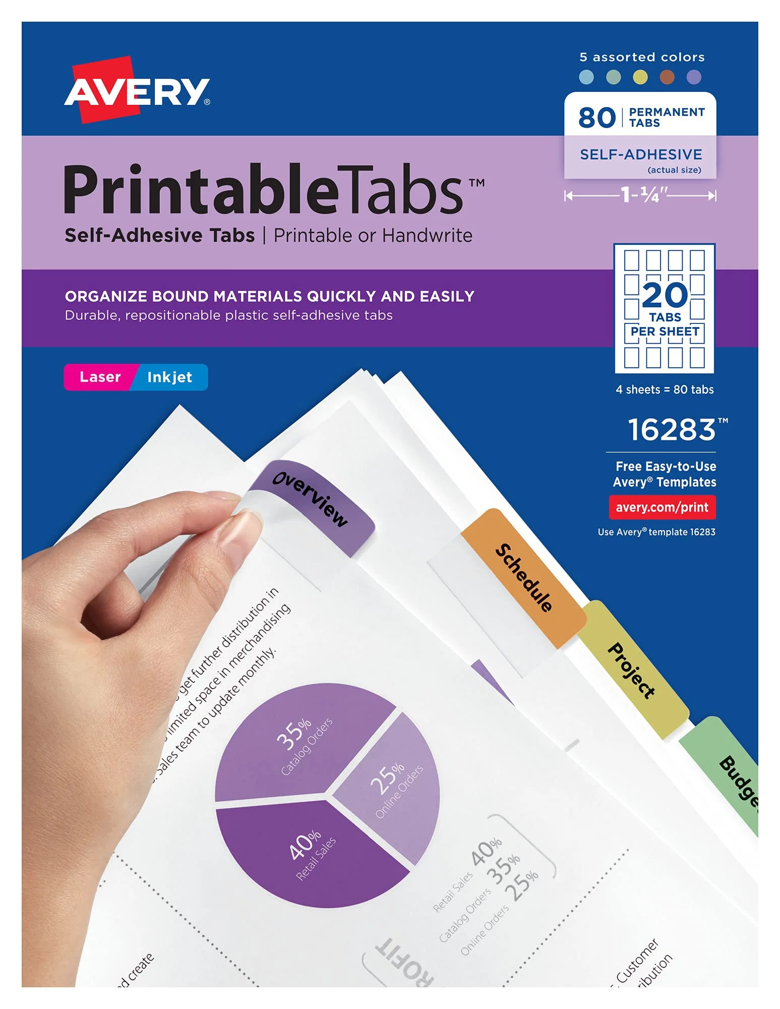 Avery Printable Self-Adhesive Plastic Tabs 1.75 in Multicolor Pack of 80