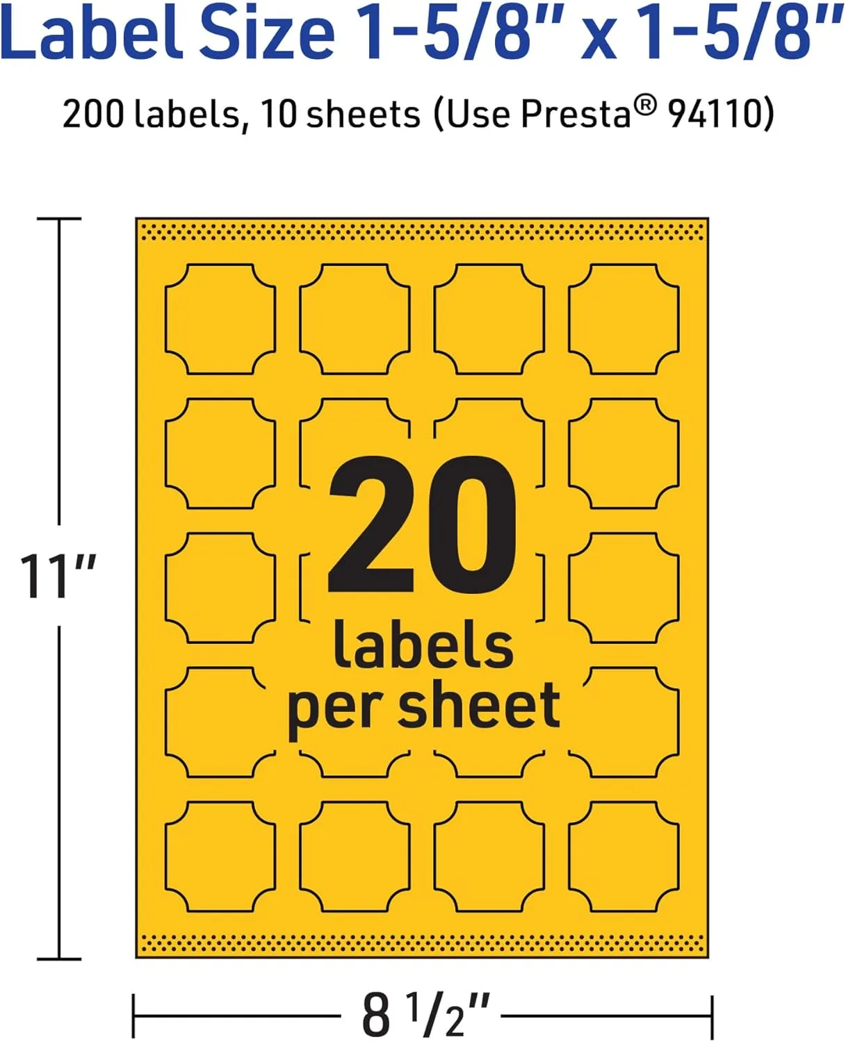 AVERY Printable Square Scalloped Labels, Sure Feed Technology, 1-5/8" x 1-5/8", Bright Yellow