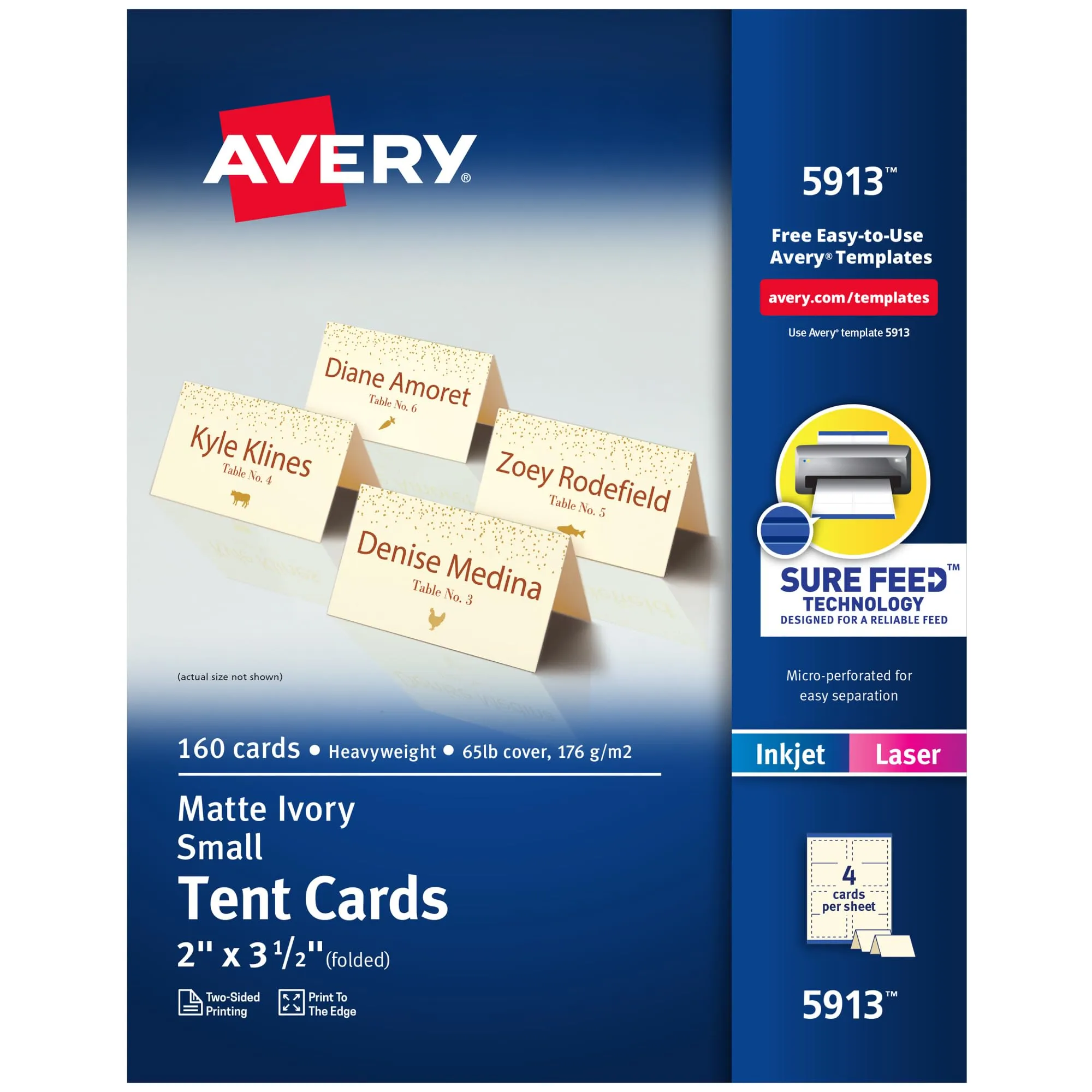 Avery Printable Tent Cards with Sure Feed Technology, 2" x 3.5", 160 Blank Place Cards