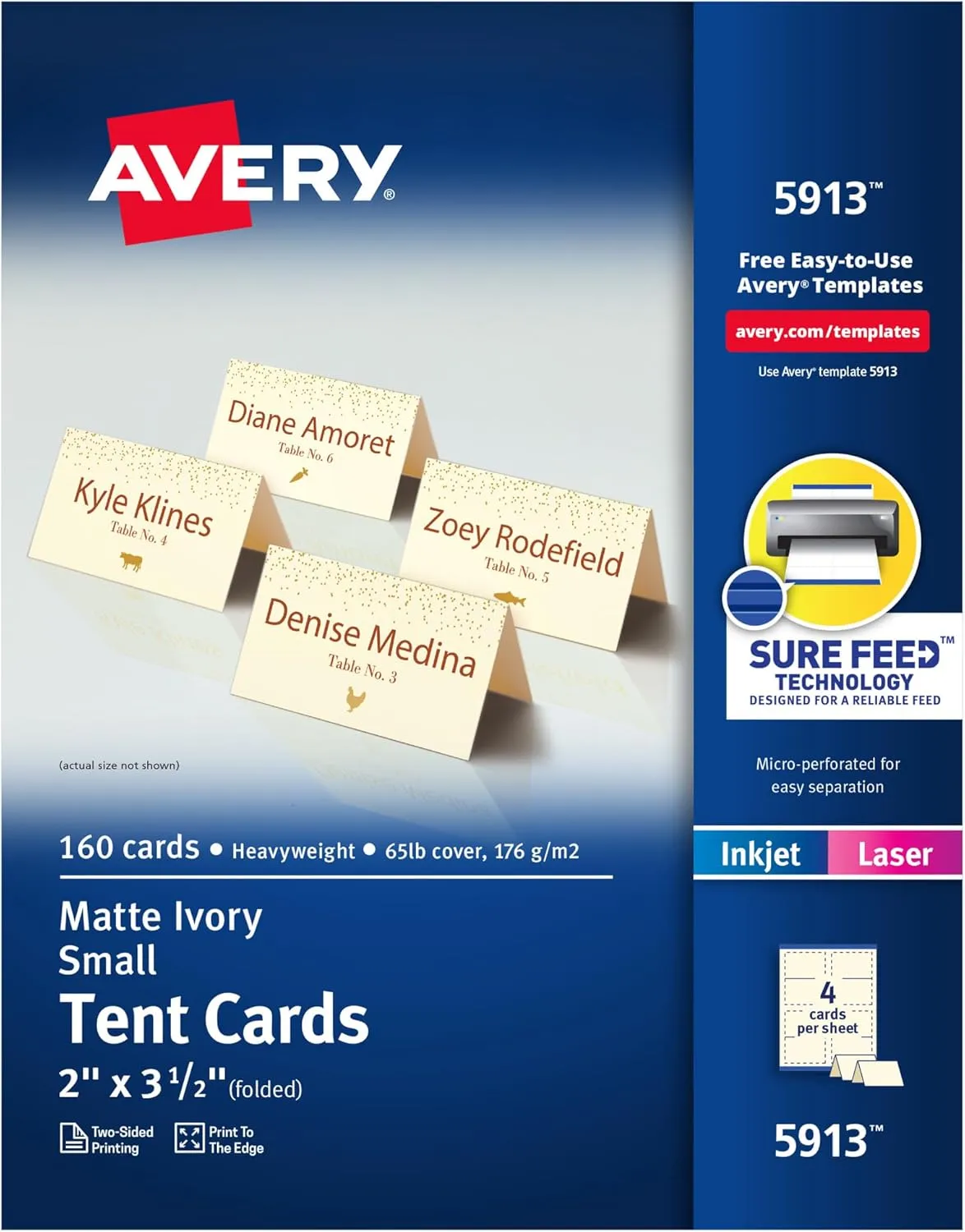 Avery Printable Tent Cards with Sure Feed Technology, 2" x 3.5", 160 Blank Place Cards
