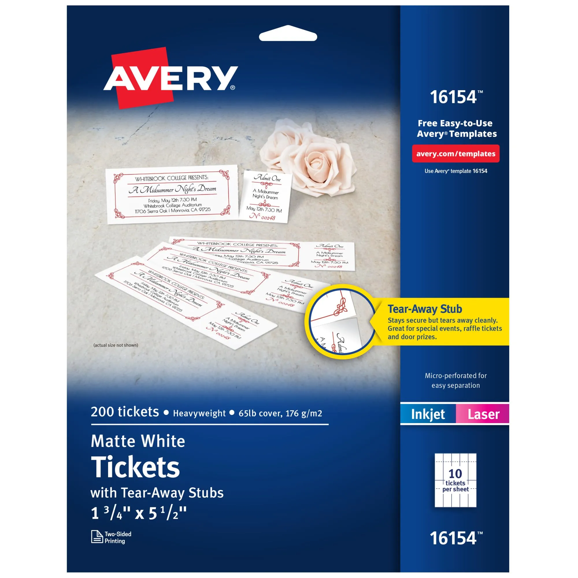 Avery Printable Tickets with Tear-Away Stubs, 1.75" x 5.5", Matte White, 200 Blank Tickets