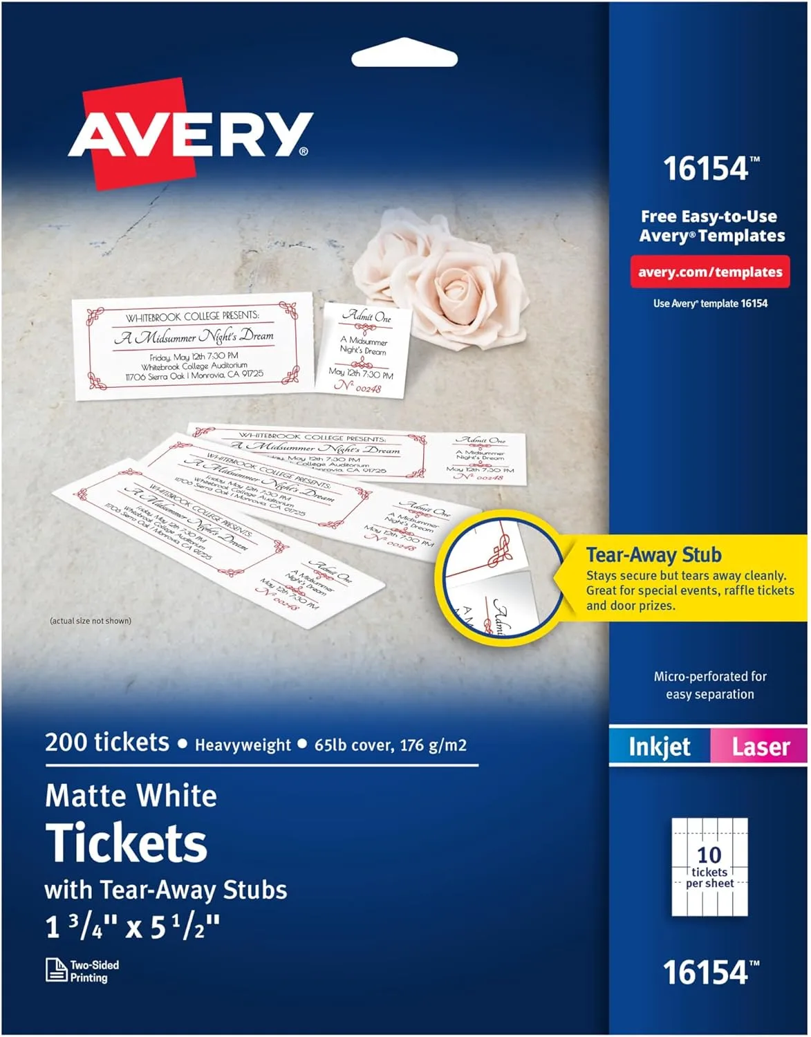 Avery Printable Tickets with Tear-Away Stubs, 1.75" x 5.5", Matte White, 200 Blank Tickets