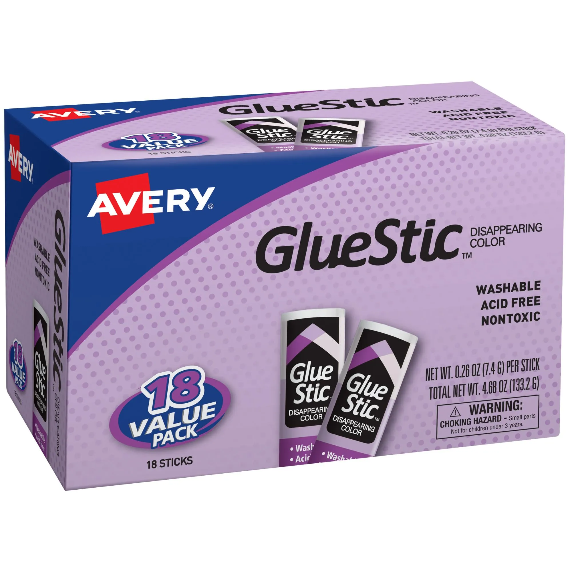 Avery Glue Stick Value Pack Disappearing Purple Color, Washable, Nontoxic, 0.26 oz. Permanent Glue Stic, 18pk (98079) 18 pack