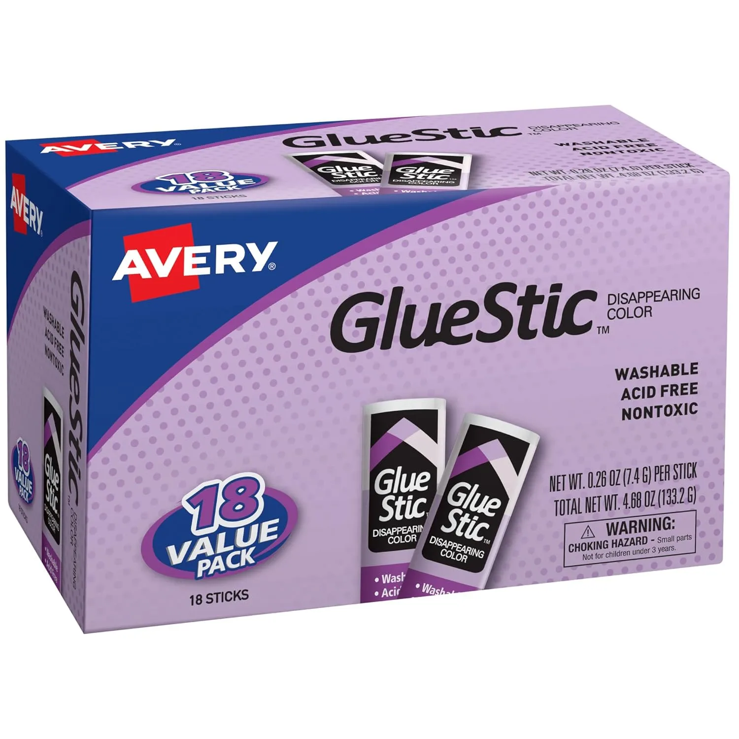 Avery Glue Stick Value Pack Disappearing Purple Color, Washable, Nontoxic, 0.26 oz. Permanent Glue Stic, 18pk (98079) 18 pack