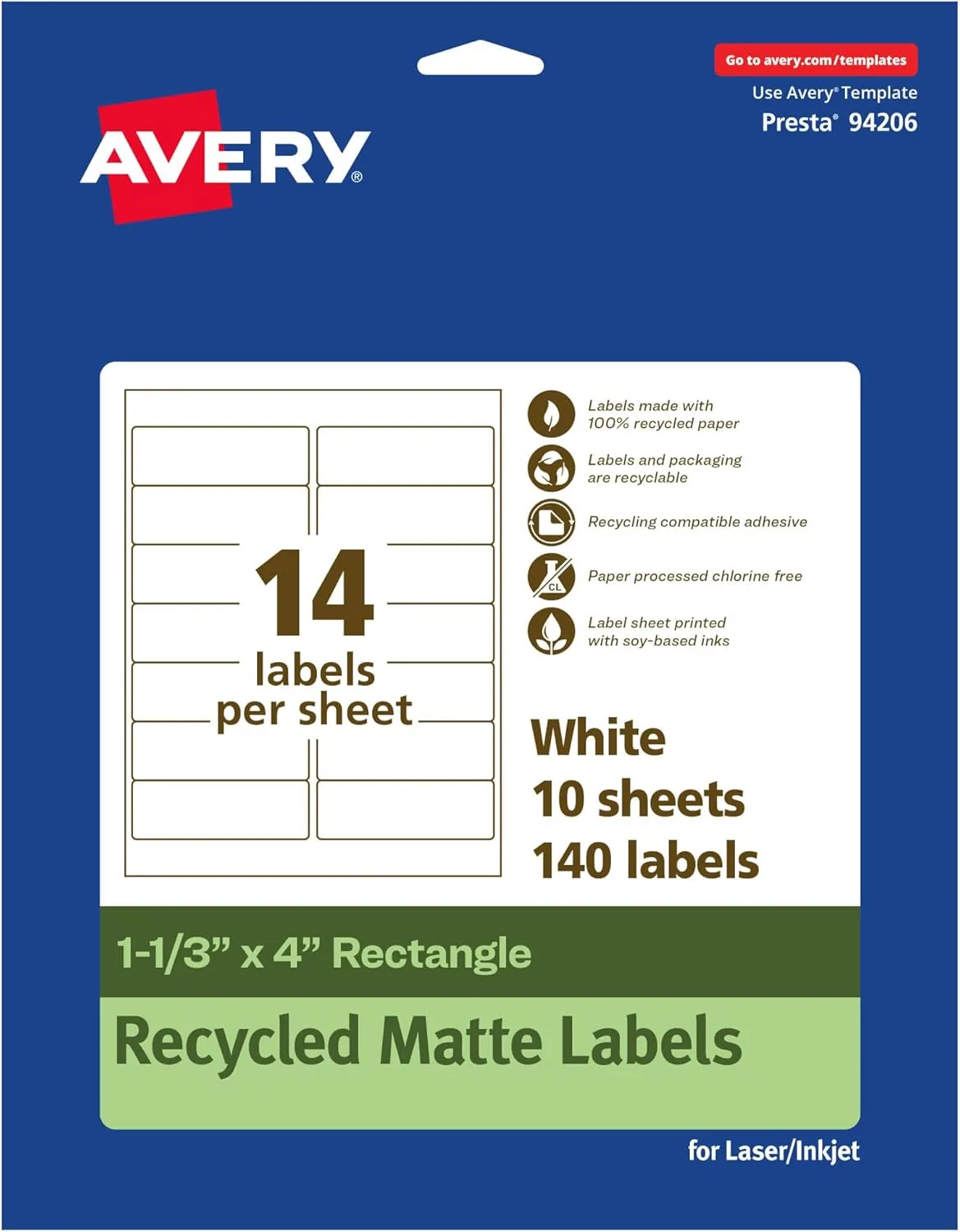 Avery EcoFriendly Matte White Recycled Rectangle Labels, 1-1/3" x 4", Matte White Labels, Permanent Adhesive