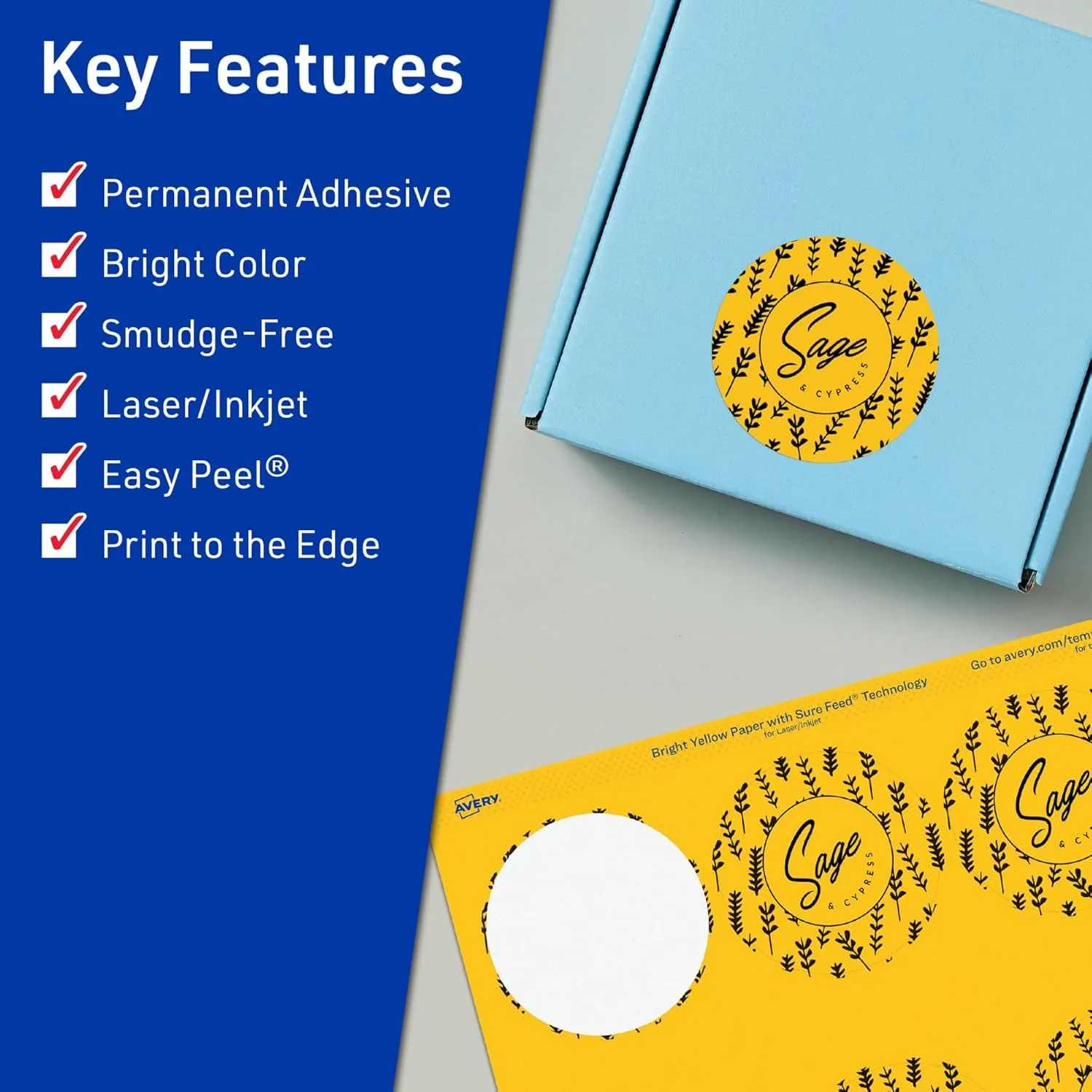 Avery Printable Round Labels, Sure Feed Technology, 2-3/4" Diameter, Bright Yellow Labels, Print-to-The-Edge