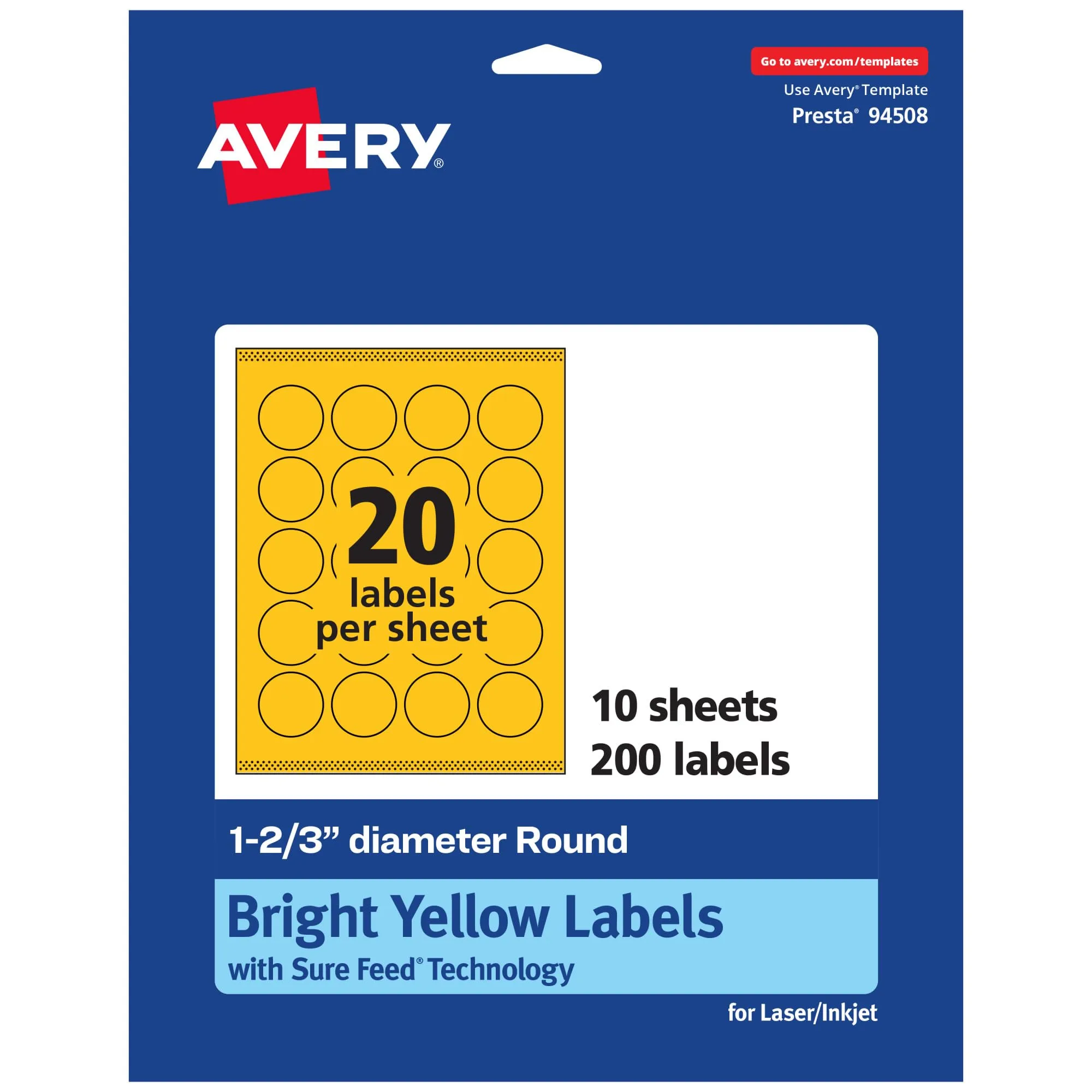 Avery Printable Round Labels, Sure Feed Technology, 1-2/3" Diameter, Bright Yellow Labels, Print-to-The-Edge