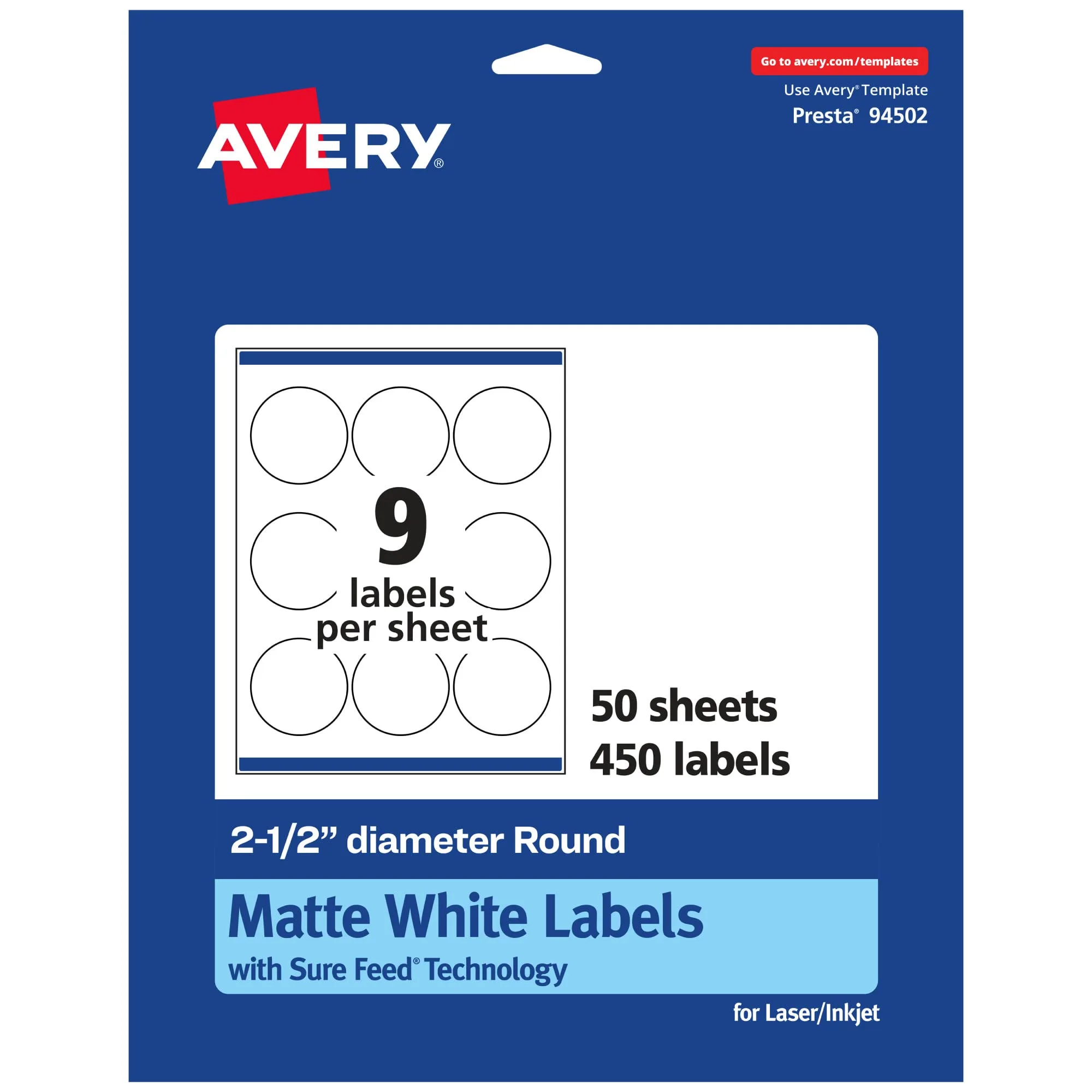 Avery Matte White Round Labels, Sure Feed Technology, 2.5" Diameter, 450 Matte White Printable Labels 450 Labels