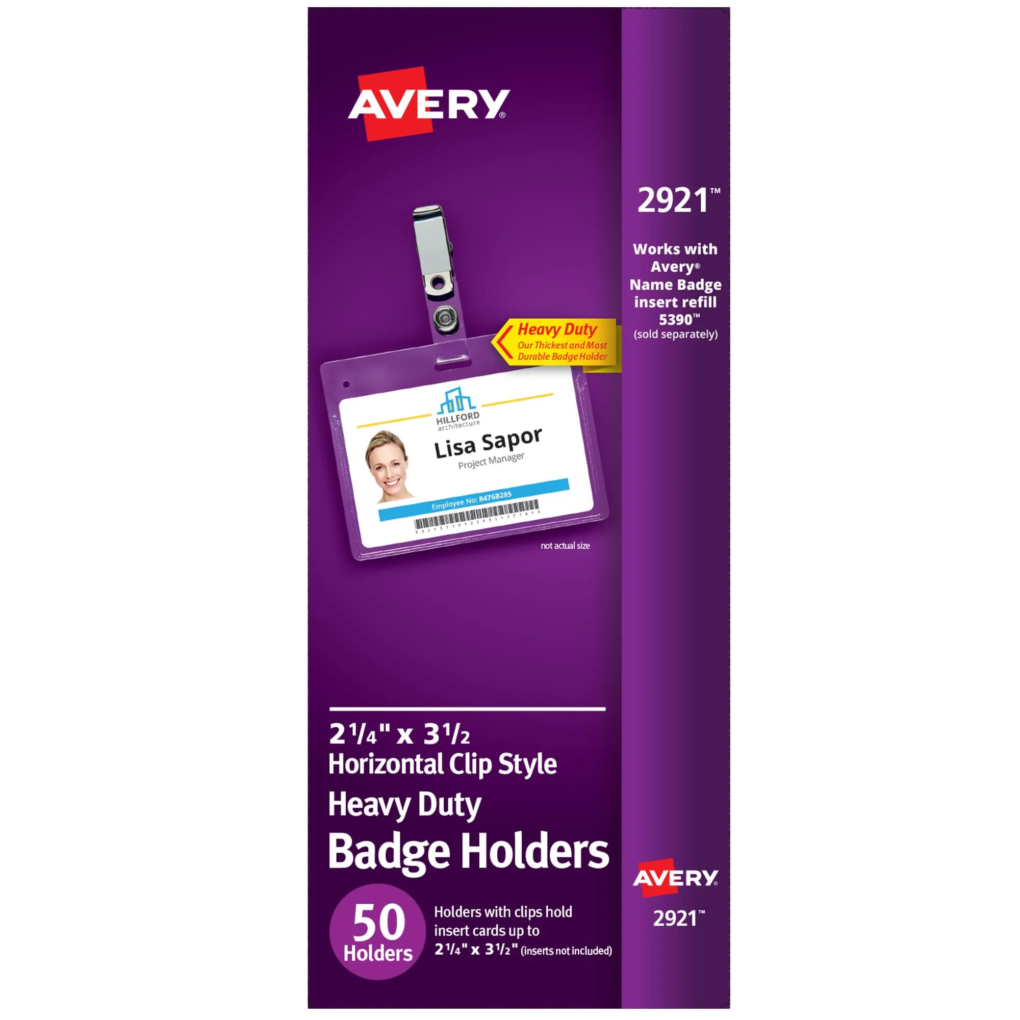 Avery Secure Top Badge Holders, 2.25 x 3.5 in, 50 Pack with Clips (2921)