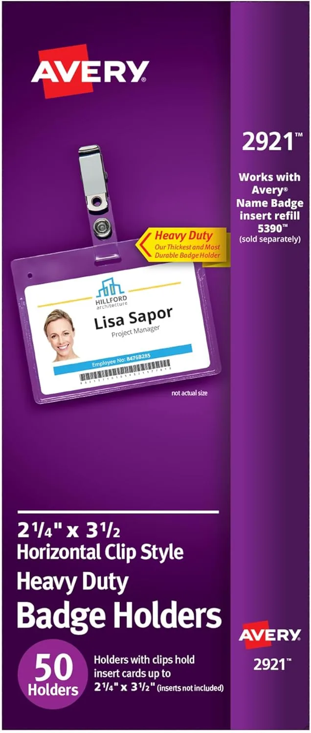 Avery Secure Top Badge Holders, 2.25 x 3.5 in, 50 Pack with Clips (2921)