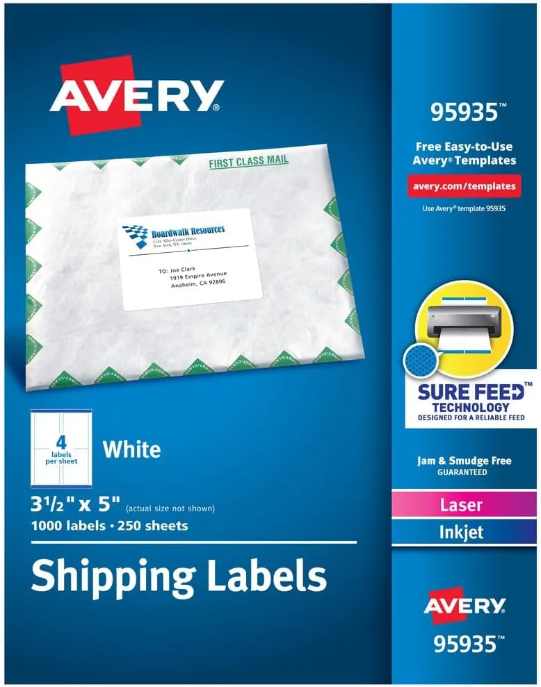 Avery Printable Shipping Labels with Sure Feed, 3.5" x 5", White, 1,000 Blank Mailing Labels (95935)