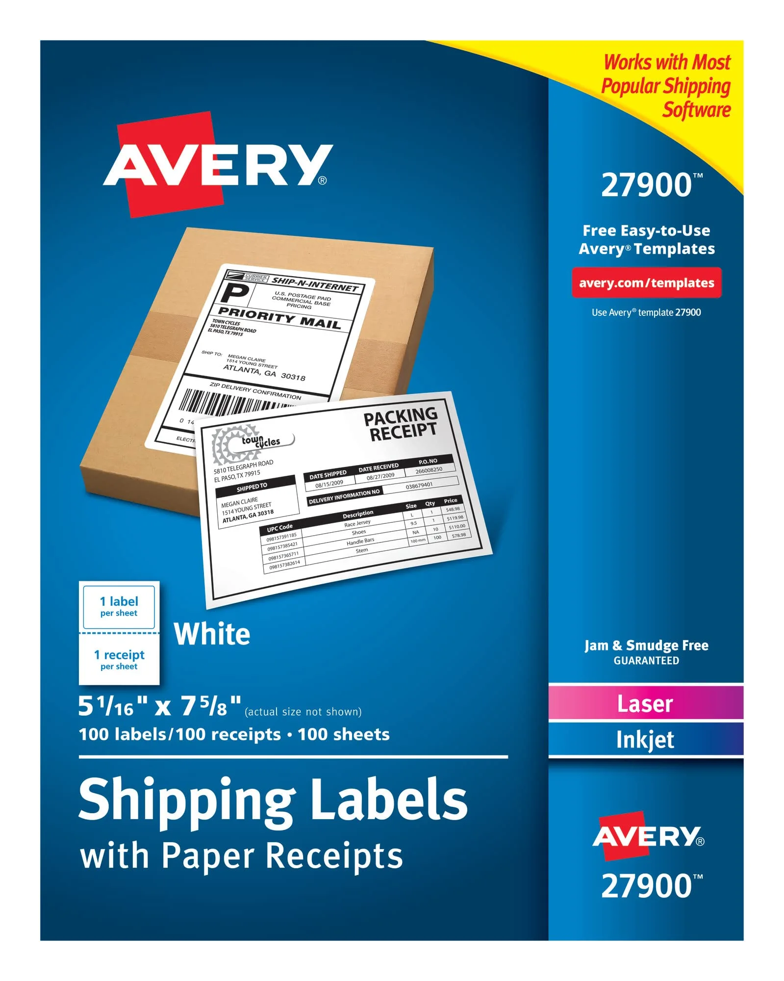 Avery Printable Shipping Labels with Paper Receipts, 5-1/16 x 7-5/8, White, 100 (27900)