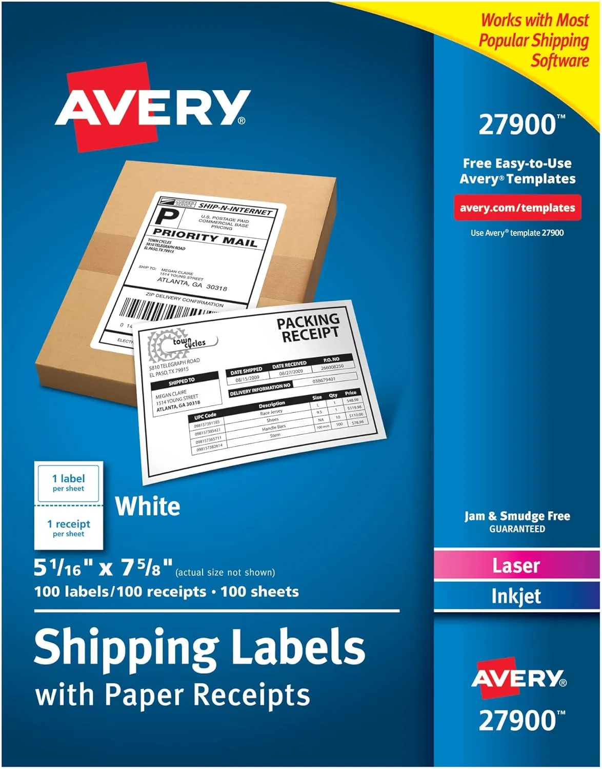 Avery Printable Shipping Labels with Paper Receipts, 5-1/16 x 7-5/8, White, 100 (27900)