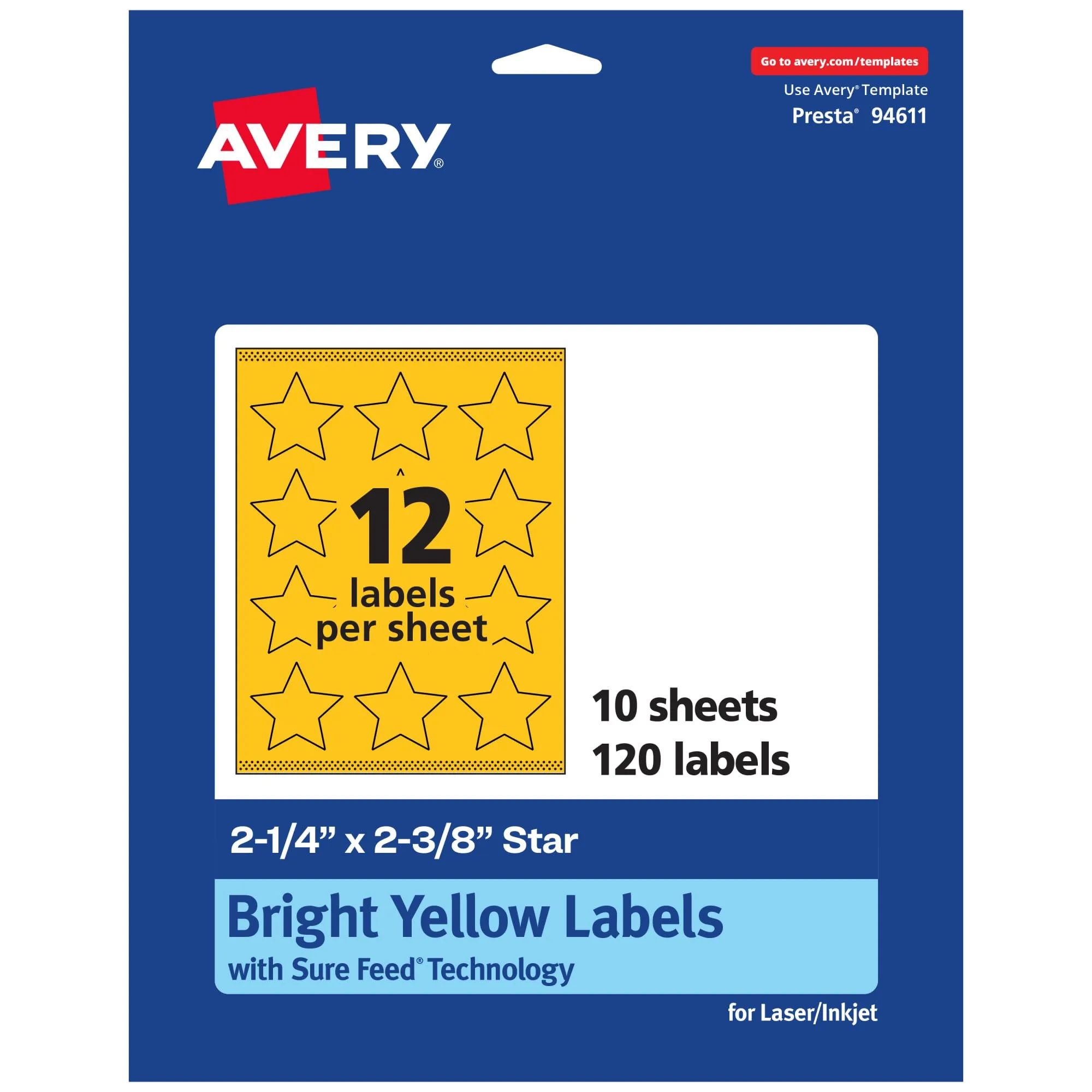 Avery Printable Star Labels, Sure Feed Technology, 2-1/4" x 2-3/8", Bright Yellow, 120