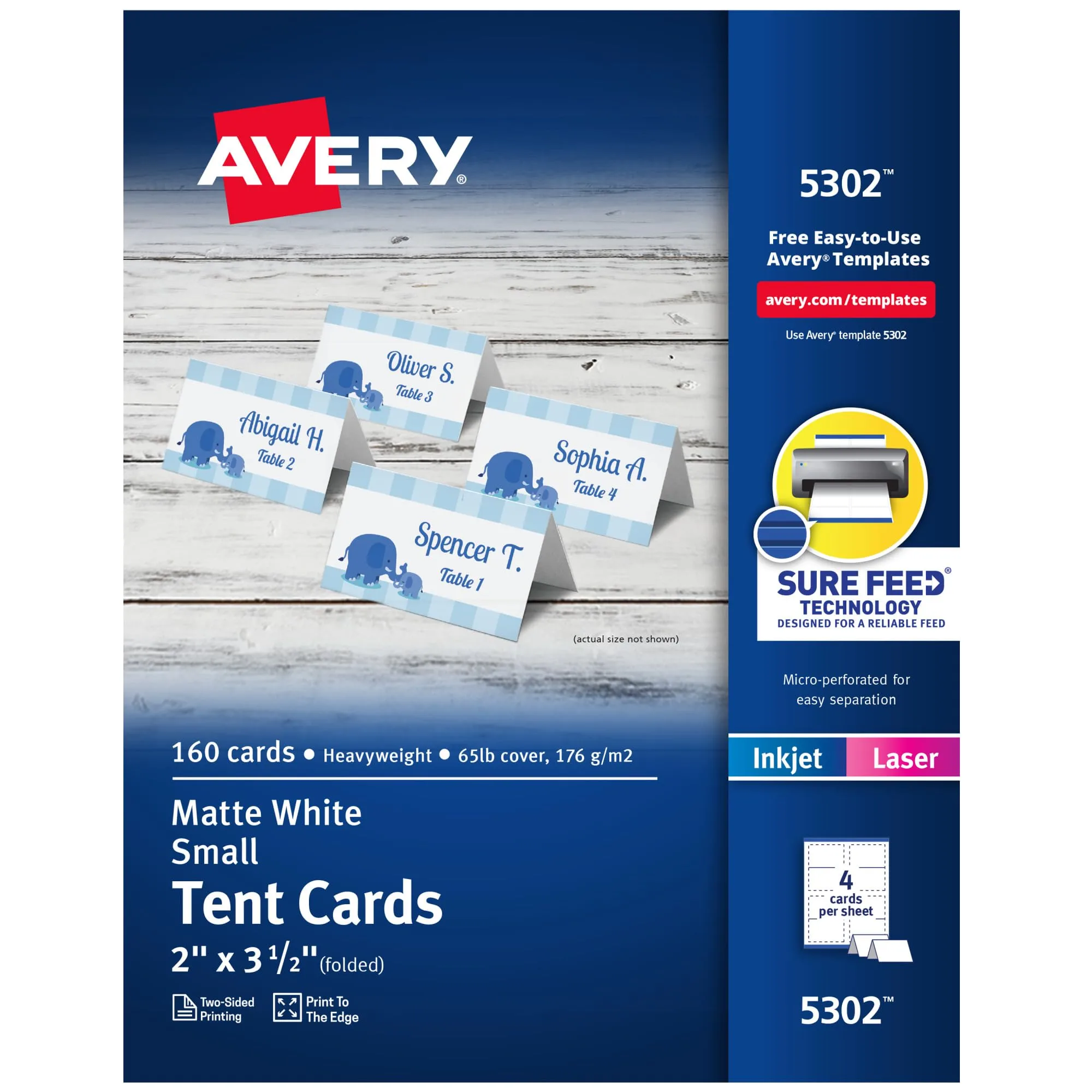 Avery Printable Tent Cards with Sure Feed Technology, 2" x 3.5", 160 Blank Place Cards